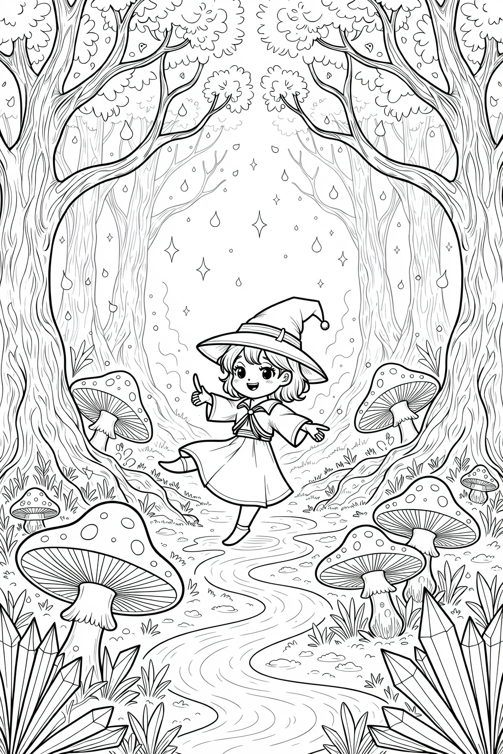 Black-and-white magical forest scene with a happy little witch (people) among giant mushrooms and trees detailed coloring page for a printable coloring page, kids' coloring page and printable coloring