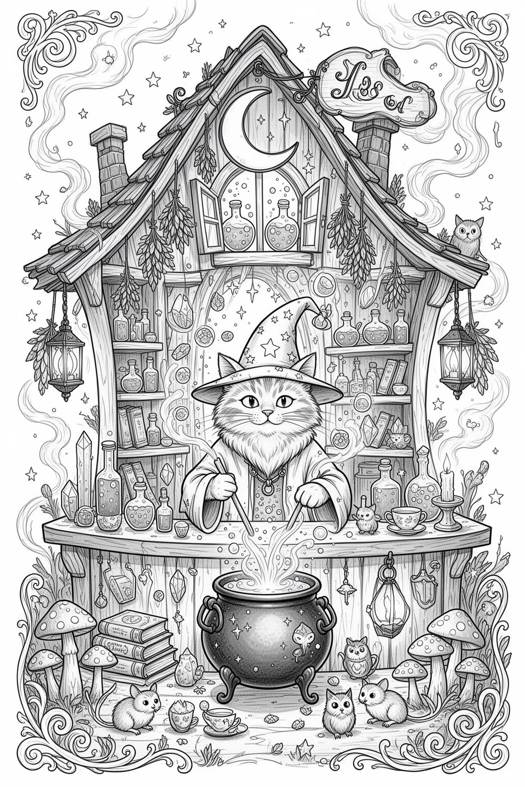 Wizard Cat Potion Shop coloring page | Magical Printable.