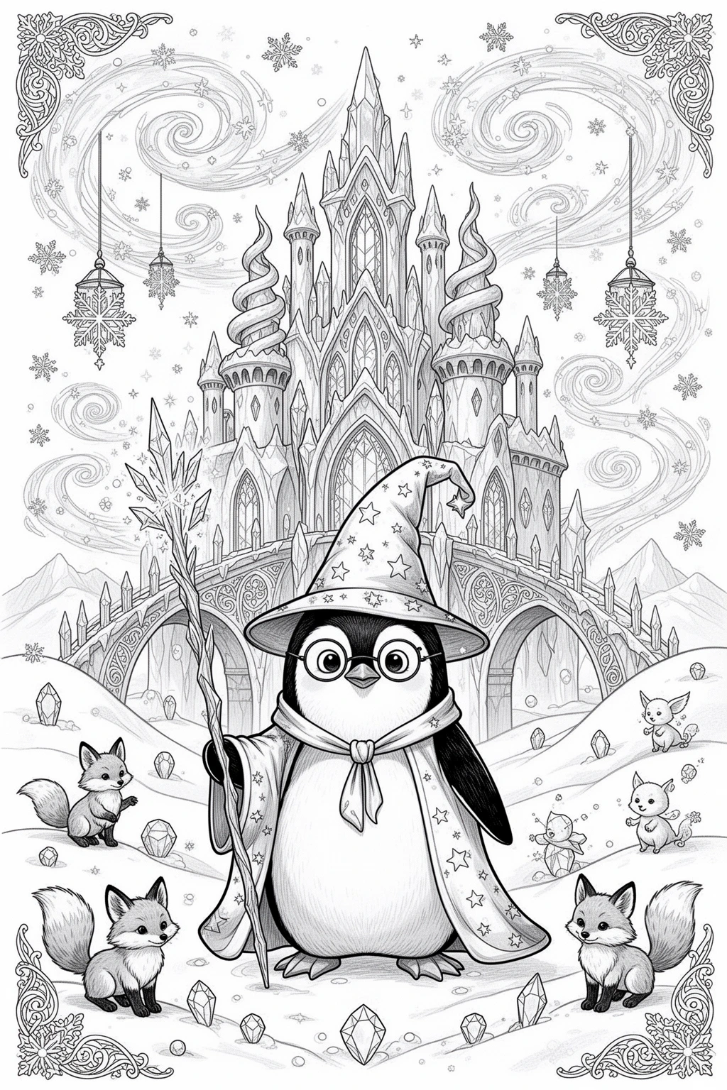Enchanted Wizard Penguin Ice Castle coloring page.