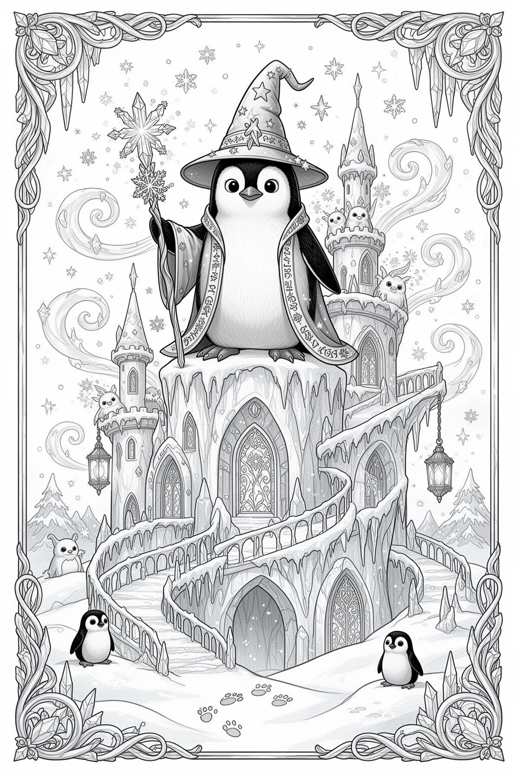 Sparkling Wizard Penguin Ice Castle coloring page.