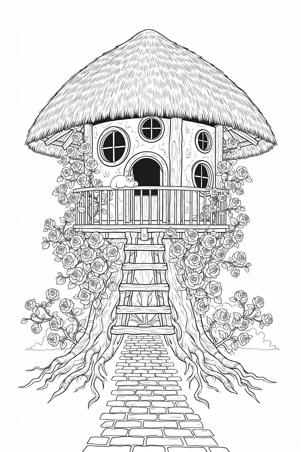 Black and white coloring page of a magical rose-covered treehouse cottage with a thatched roof, ladder, balcony, flowers, and a cat.