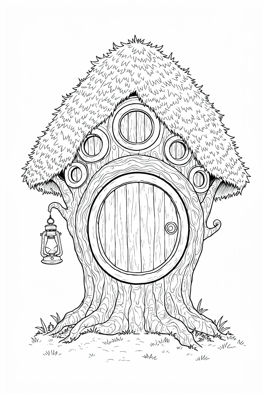 Black and white coloring page of a magical treehouse door built into a large tree with a lantern hanging on the left, detailed bark, round windows, and grassy ground.