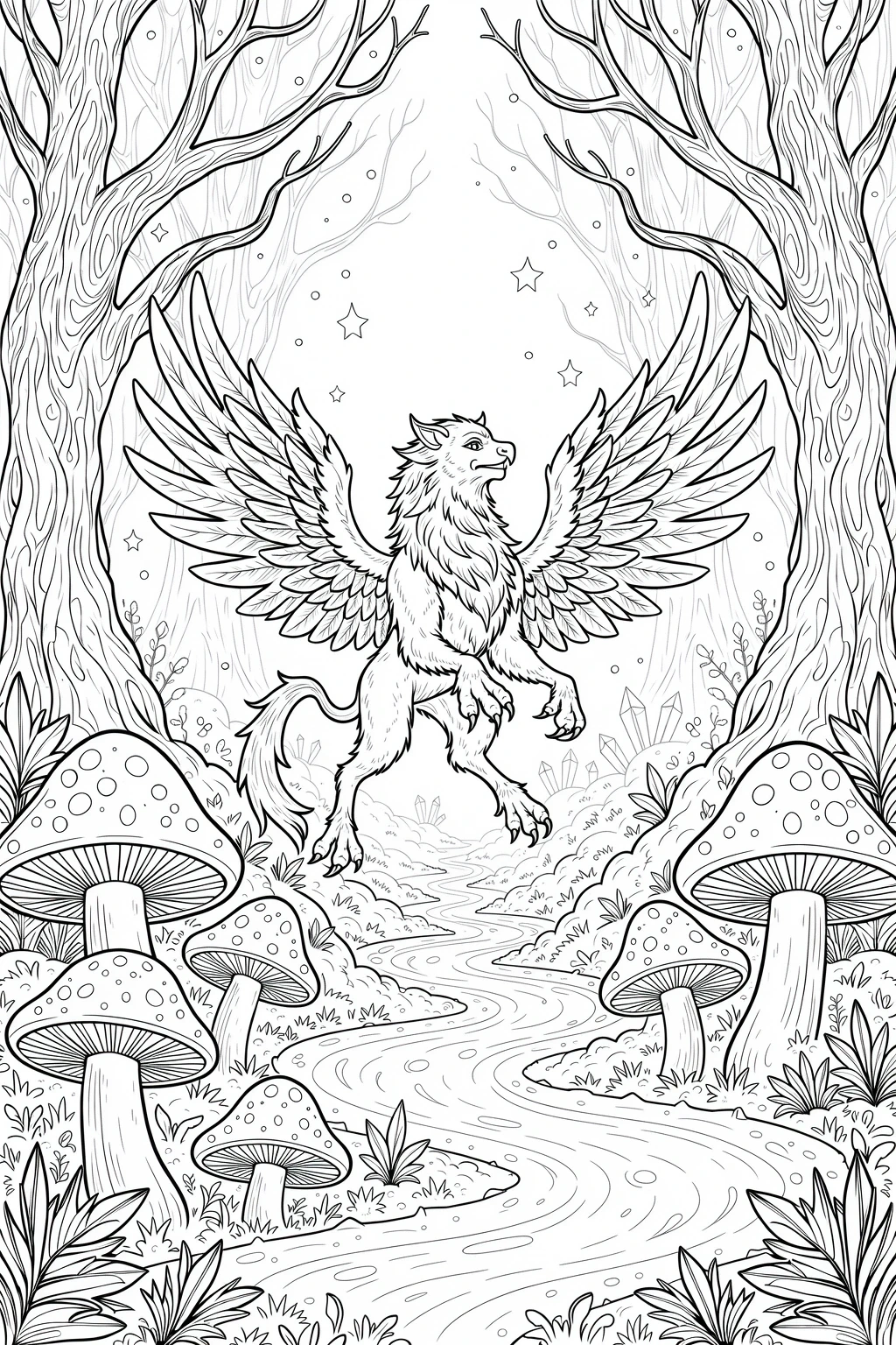 Black and white detailed coloring page illustration of a winged griffin standing in an enchanted forest with tall trees, mushrooms, stars, and a winding stream, designed as a printable coloring page