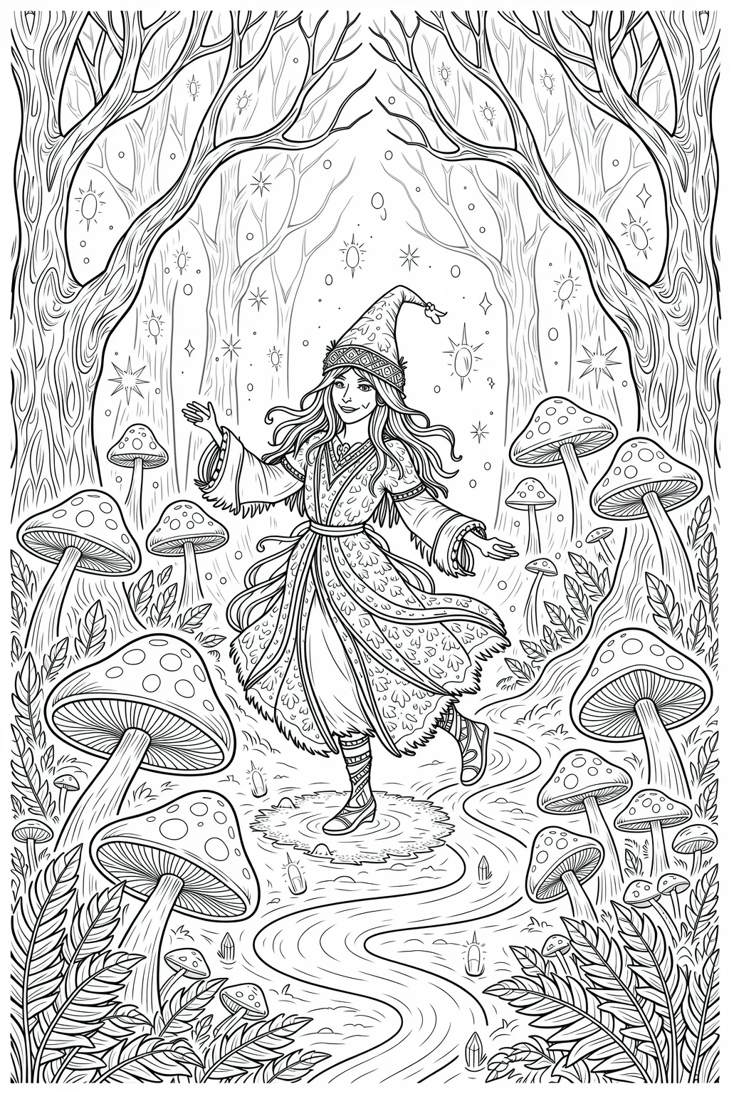 Black and white detailed coloring page illustration of a smiling witch standing in an enchanted forest filled with oversized mushrooms, twisting trees, and magical sparkles, ideal for kids and