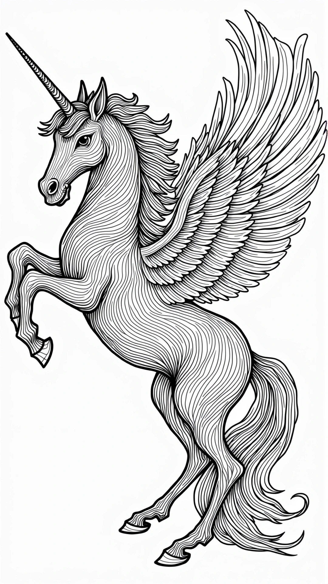 Black-and-white line art of a rearing winged unicorn (alicorn) for coloring; intricate flowing lines create detailed coloring page suitable for adult relaxation and kids' coloring page; printable