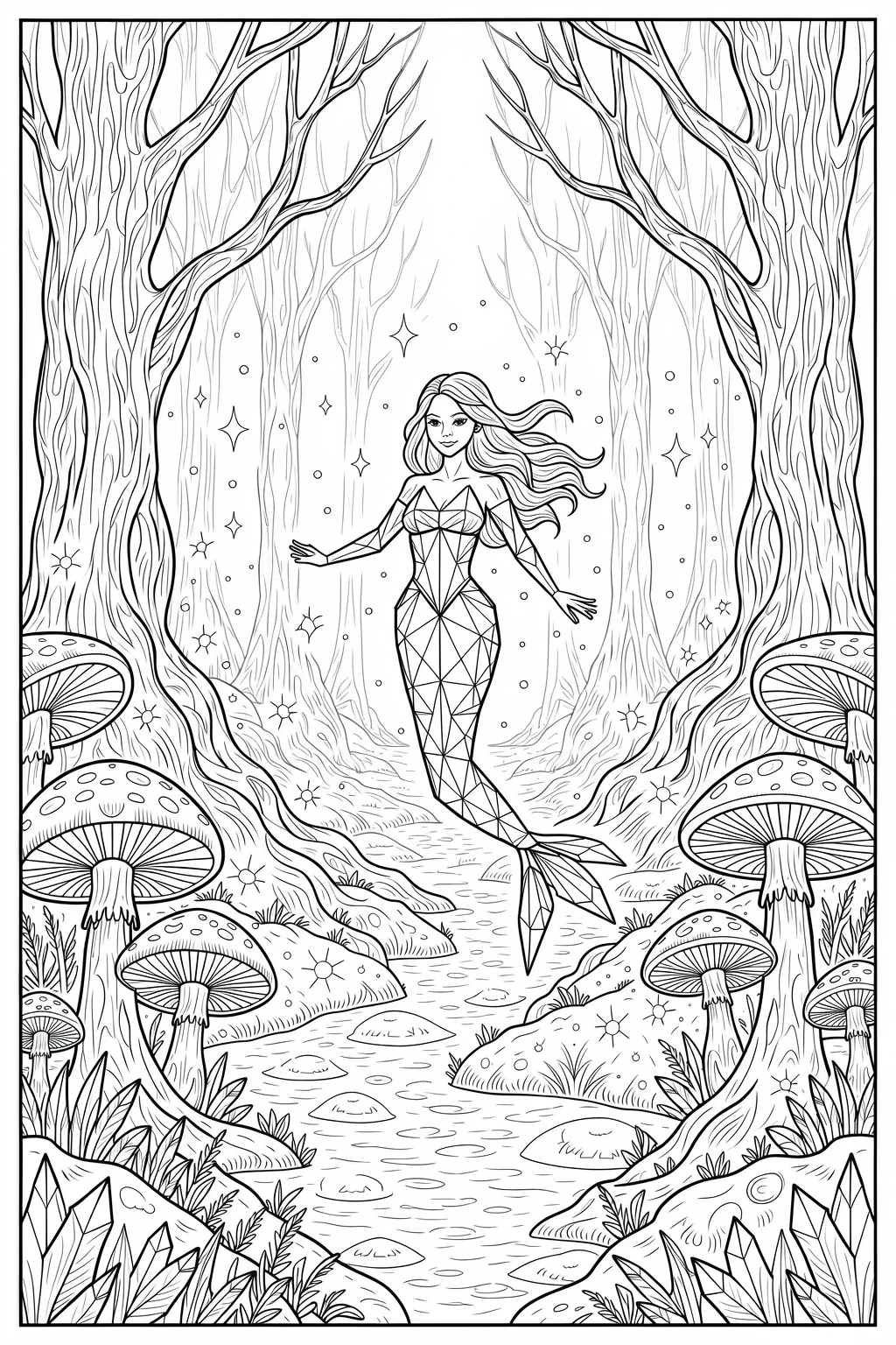 Black and white detailed coloring page of a mermaid fairy standing in a magical forest with tall trees, mushrooms, sparkling stars, and a flowing stream, designed as kids' coloring page, printable