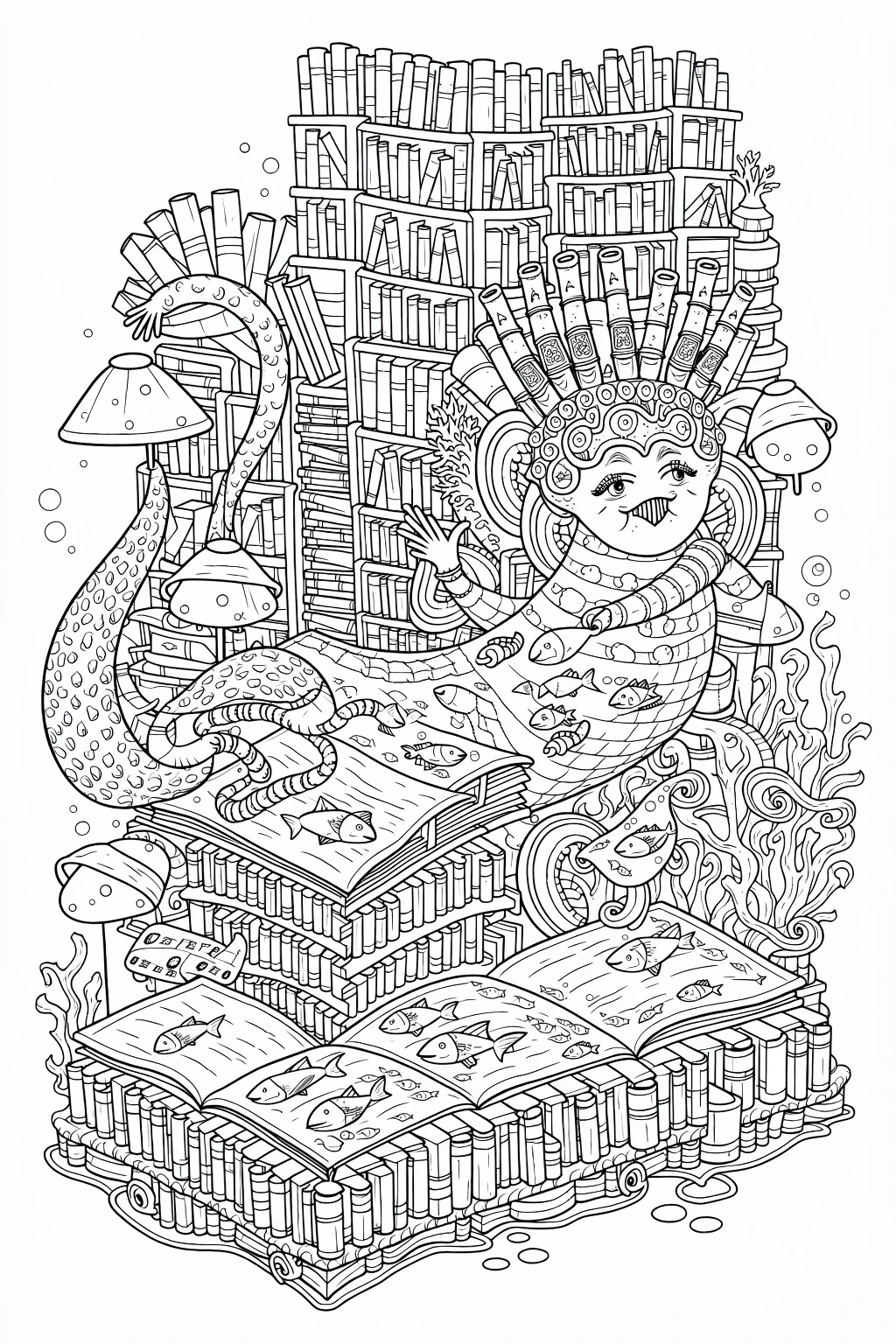 Black and white coloring page of detailed mermaid sitting in a library surrounded by books, fish, sea plants, and underwater decorative elements