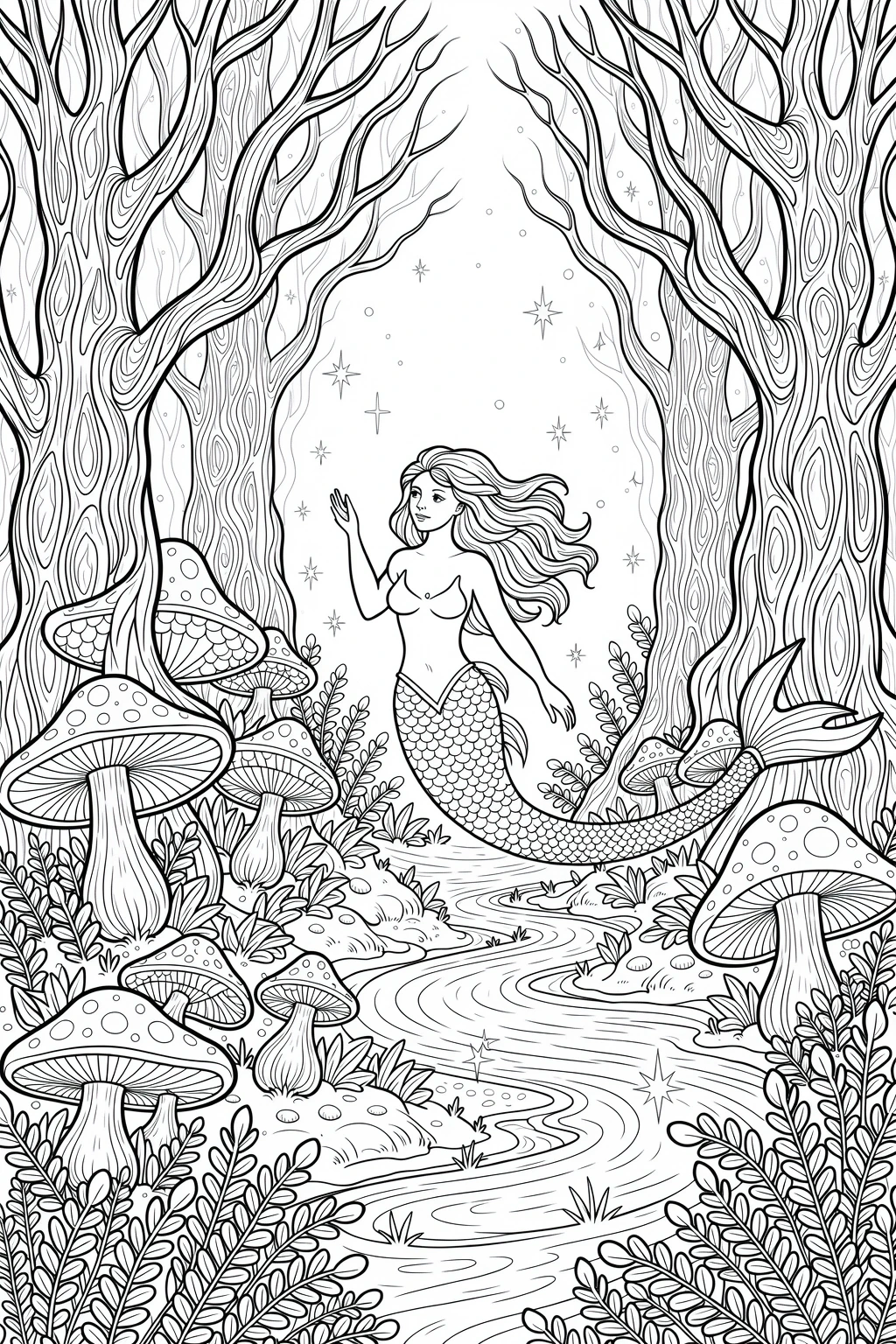 Black and white coloring page of mermaid standing in a magical forest with tall trees, mushrooms, a winding stream, and sparkles in the air