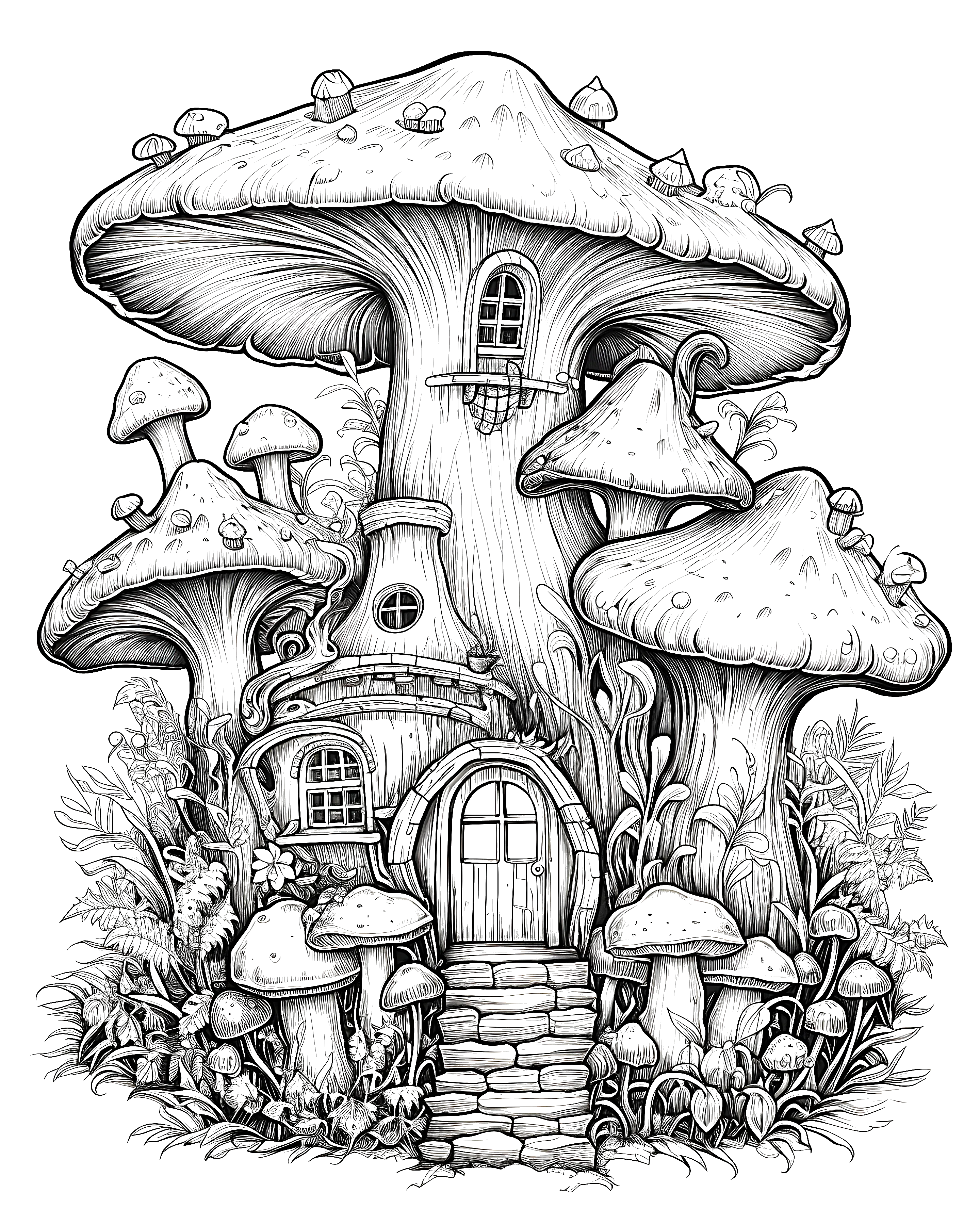 Detailed black-and-white coloring page of a whimsical mushroom house with multiple mushroom roofs, windows, a door, stone steps, and surrounding plants.
