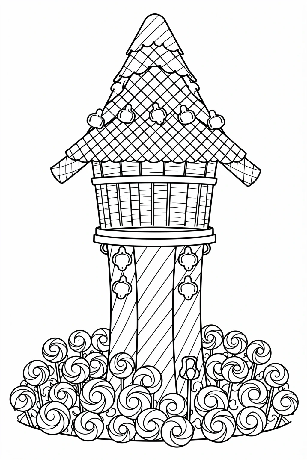 Black and white coloring page of a whimsical candy house tower with a pointed roof, decorative trim, and lots of lollipop shapes at the base, designed as a detailed printable coloring page for kids.