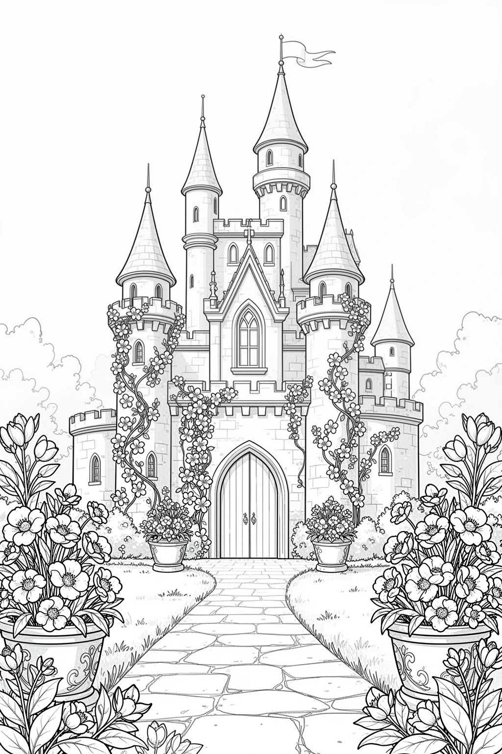 Spring castle coloring page with flower vines, stone towers, and a charming courtyard scene.