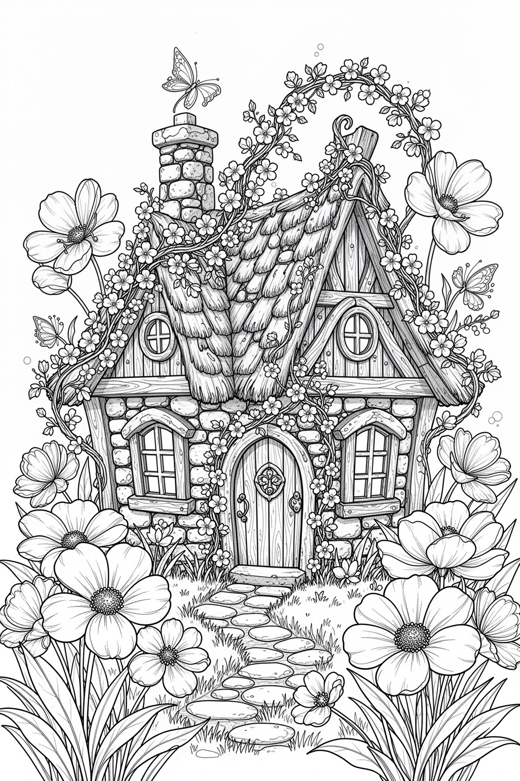 Spring fairy cottage coloring page PDF.