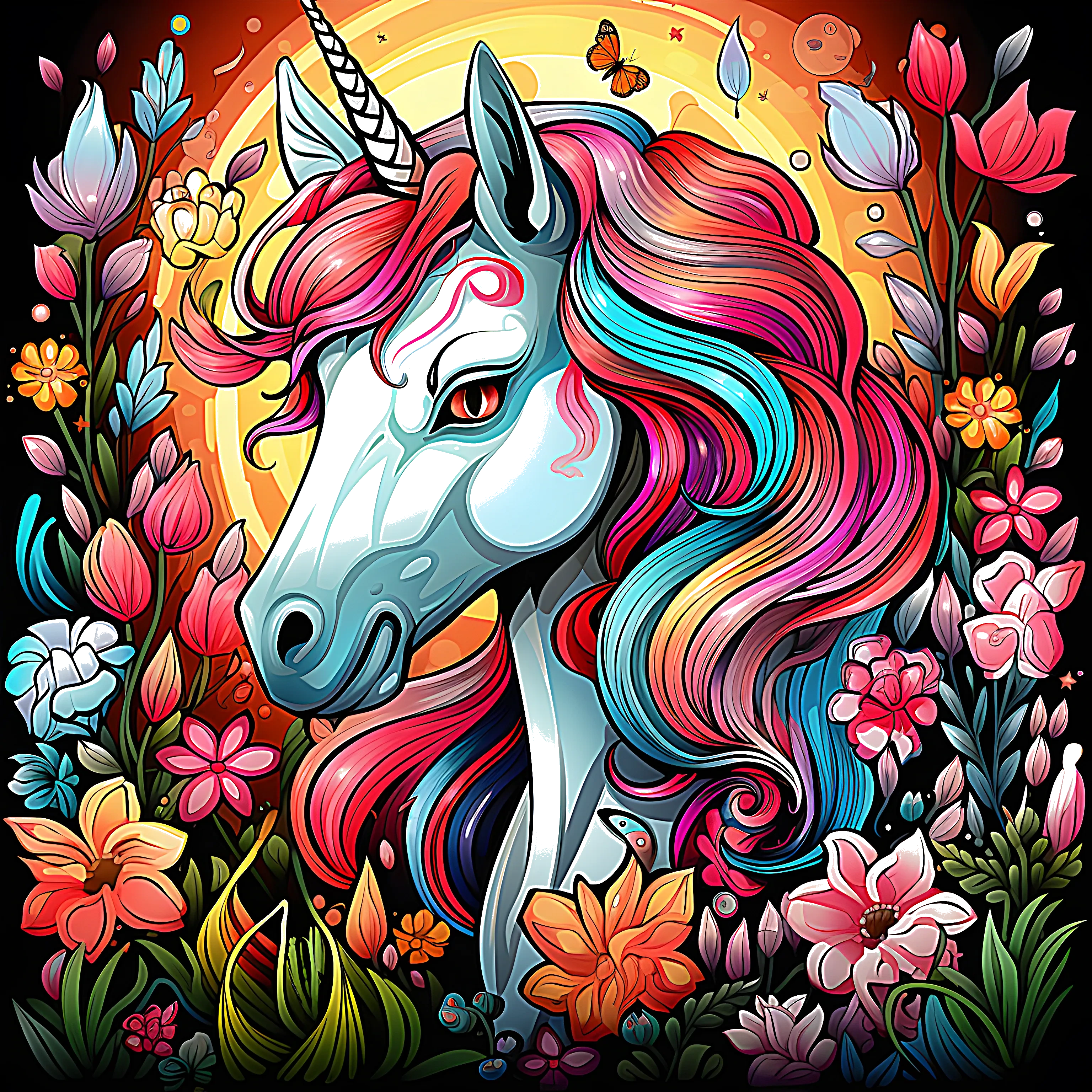 Black and white coloring page of detailed unicorn head with a colorful flowing mane, surrounded by flowers and decorative plants