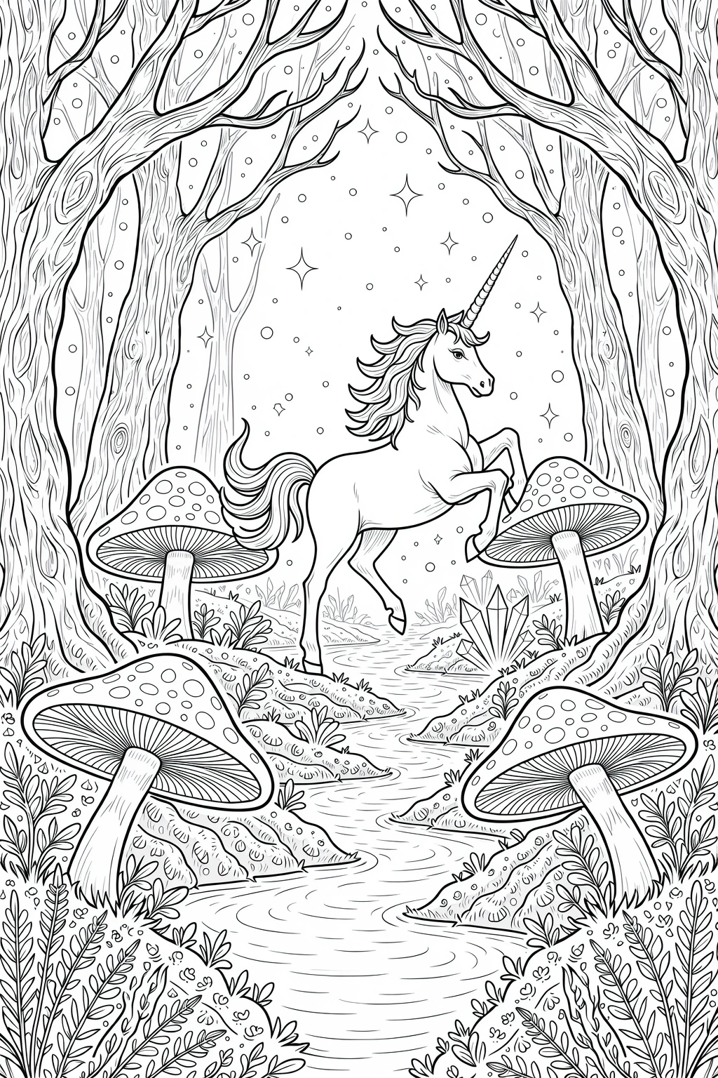Black and white coloring page of unicorn rearing in a magical forest with tall trees, mushrooms, a flowing stream, and sparkles in the sky