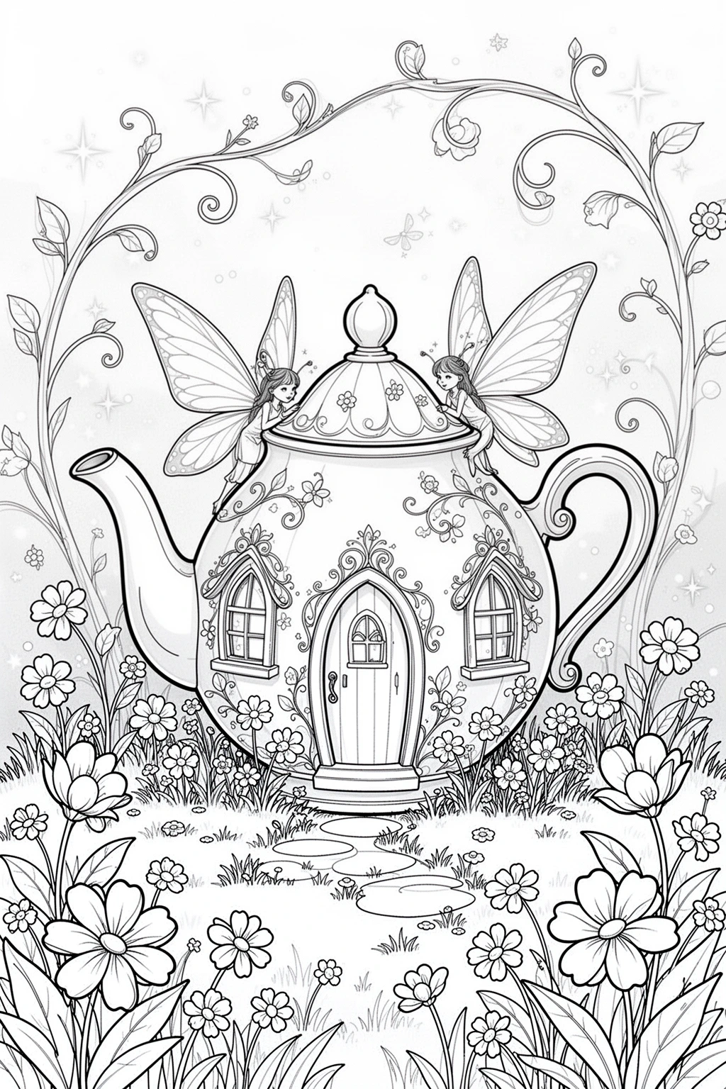 Free printable whimsical fairy teapot house coloring page with flowers, curling vines, and a magical storybook garden scene.