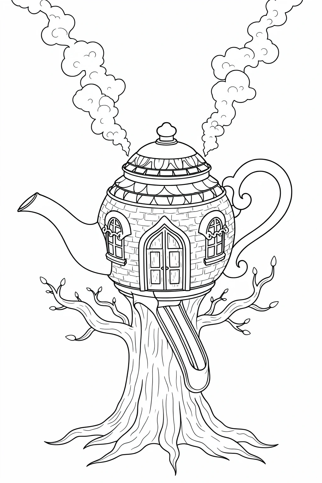Whimsical teapot-shaped tree house with a door, windows, smoke rising from the top, and a large tree trunk base, designed as a detailed printable coloring page for kids and fantasy coloring fun.