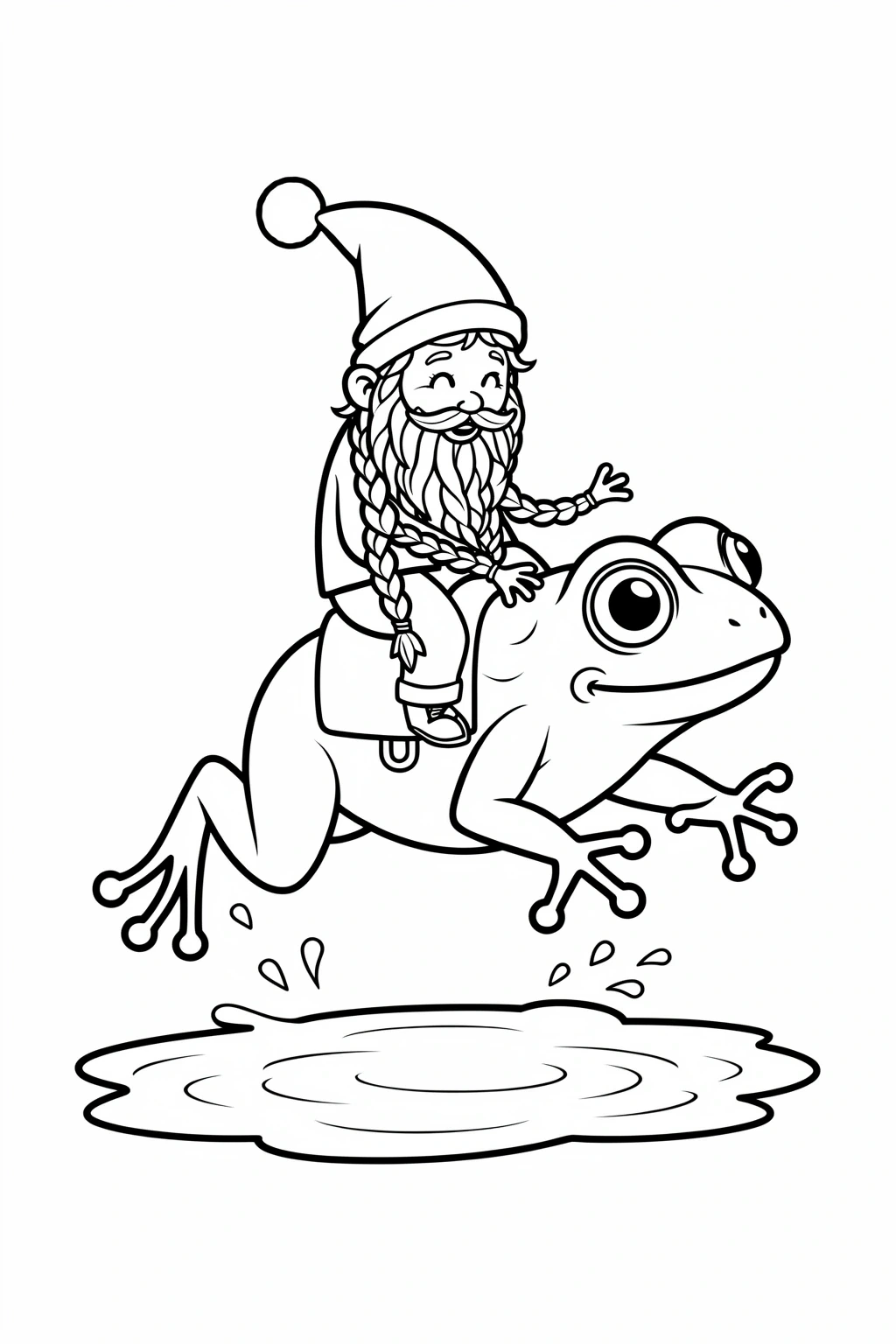Black and white outline of a gnome riding a large frog over a puddle printable coloring sheet, kids' coloring page, detailed coloring page, printable coloring page, coloring sheets, animal theme.