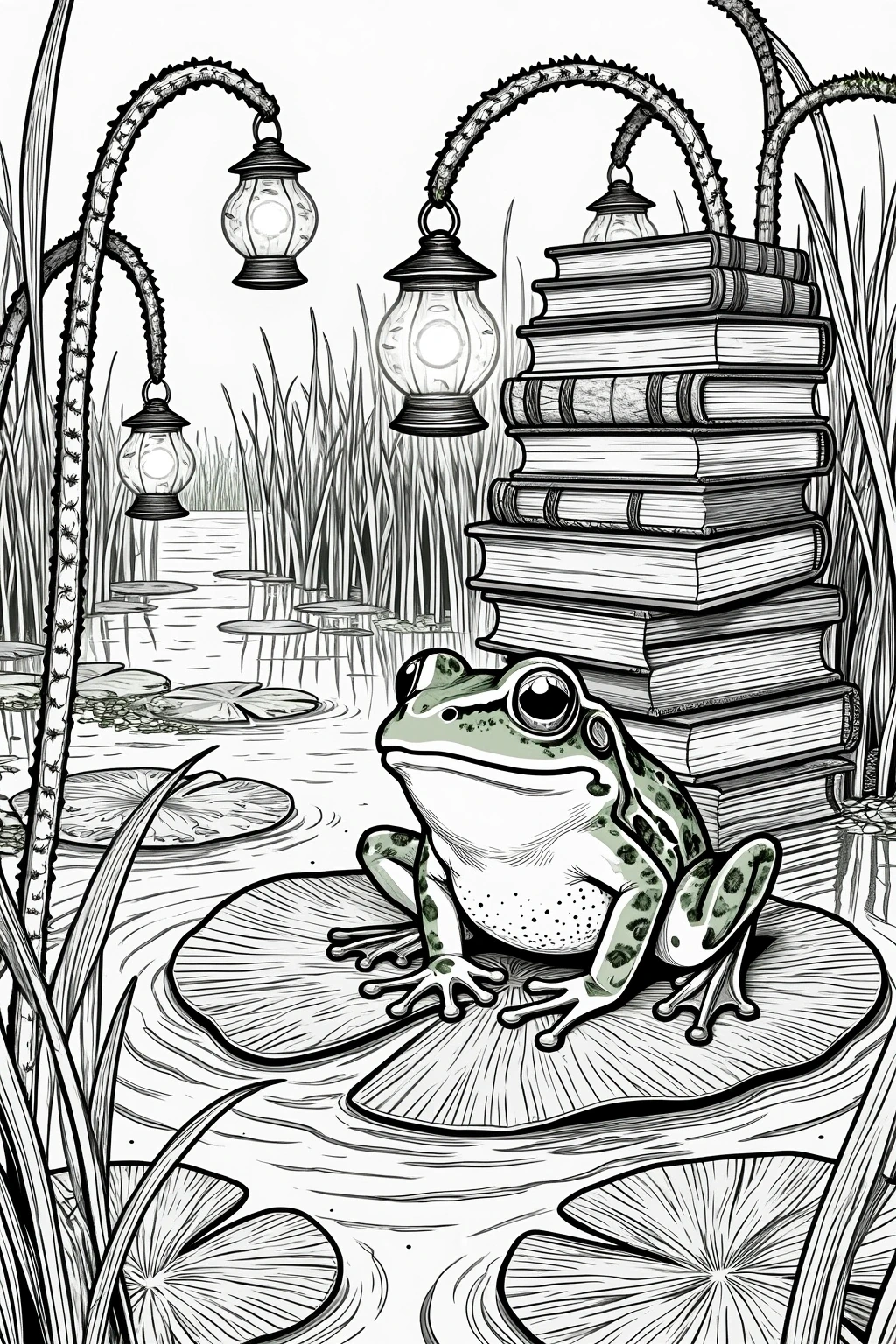 Black and white detailed coloring page showing a frog sitting on a lily pad in a swamp scene with hanging lanterns, tall grass, lily pads, and a stack of books, designed as kids' coloring page
