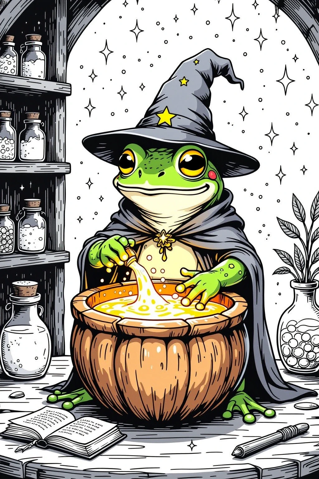 Cute frog wizard stirring a glowing cauldron printable coloring sheet with detailed coloring page, kids' coloring page, and a printable coloring page for Halloween and animal-themed coloring sheets.