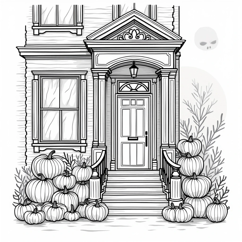 Black-and-white line art of a house front door and steps with stacked pumpkins for a fall/Halloween scene; part of detailed coloring page for adults and kids' coloring page. Great for printable