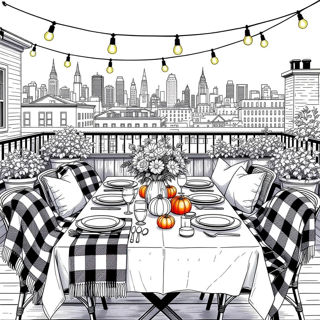 Rooftop fall dining detailed coloring page scene with pumpkins, string lights, skyline great kids' coloring page and printable coloring page coloring sheets for fall, halloween, and holiday art.