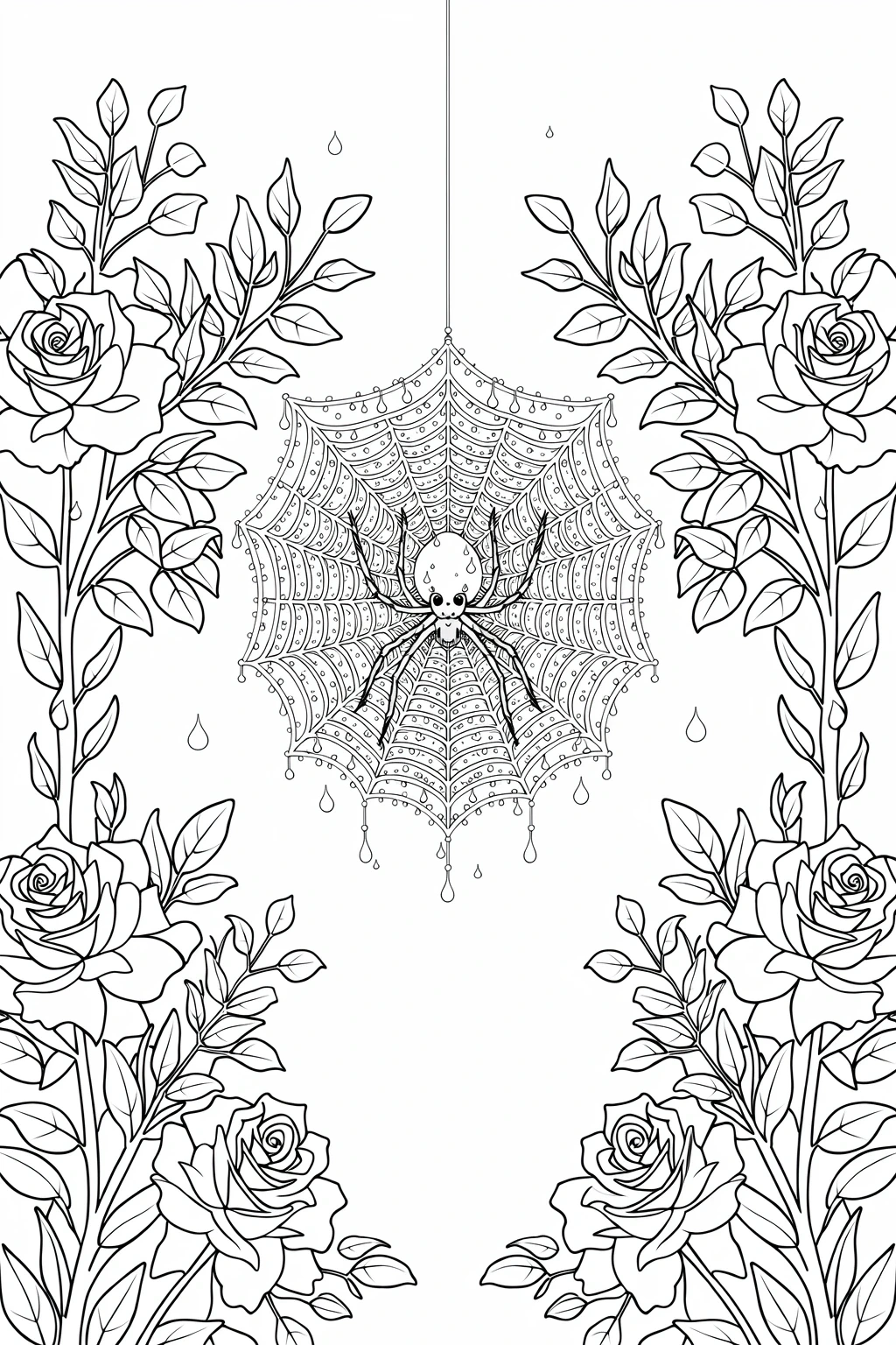 Black and white detailed coloring page of a spider in the center of a decorative web, surrounded by rose vines and flowers, with a spooky Halloween-style floral frame.