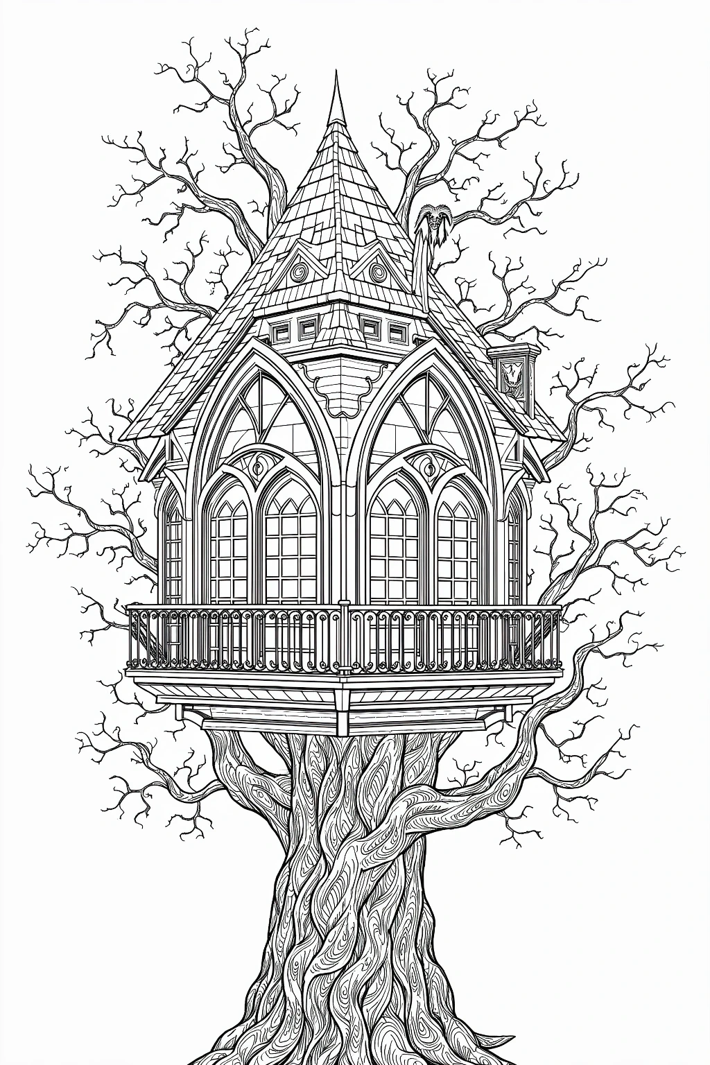 Black and white spooky treehouse manor coloring page with a tall gothic roof, bare branches, ornate windows, and a haunted fantasy look.
