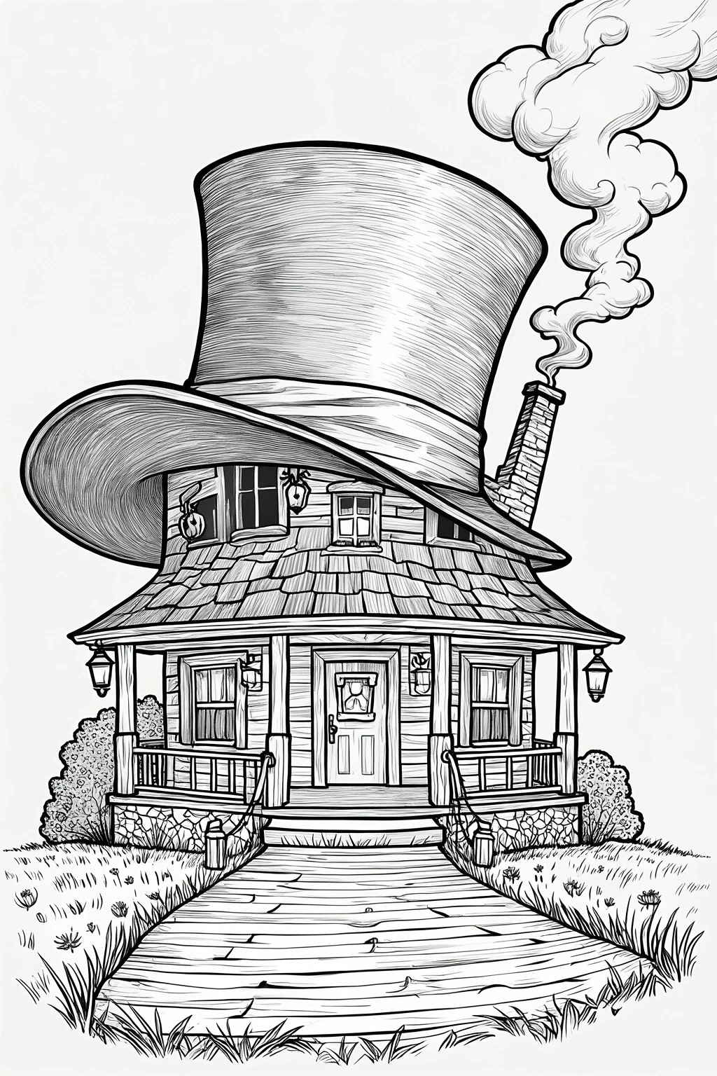 Black and white detailed coloring page illustration of a whimsical house with a giant hat-shaped roof, smoke rising from the chimney, and a path leading to the front door; a fun printable coloring