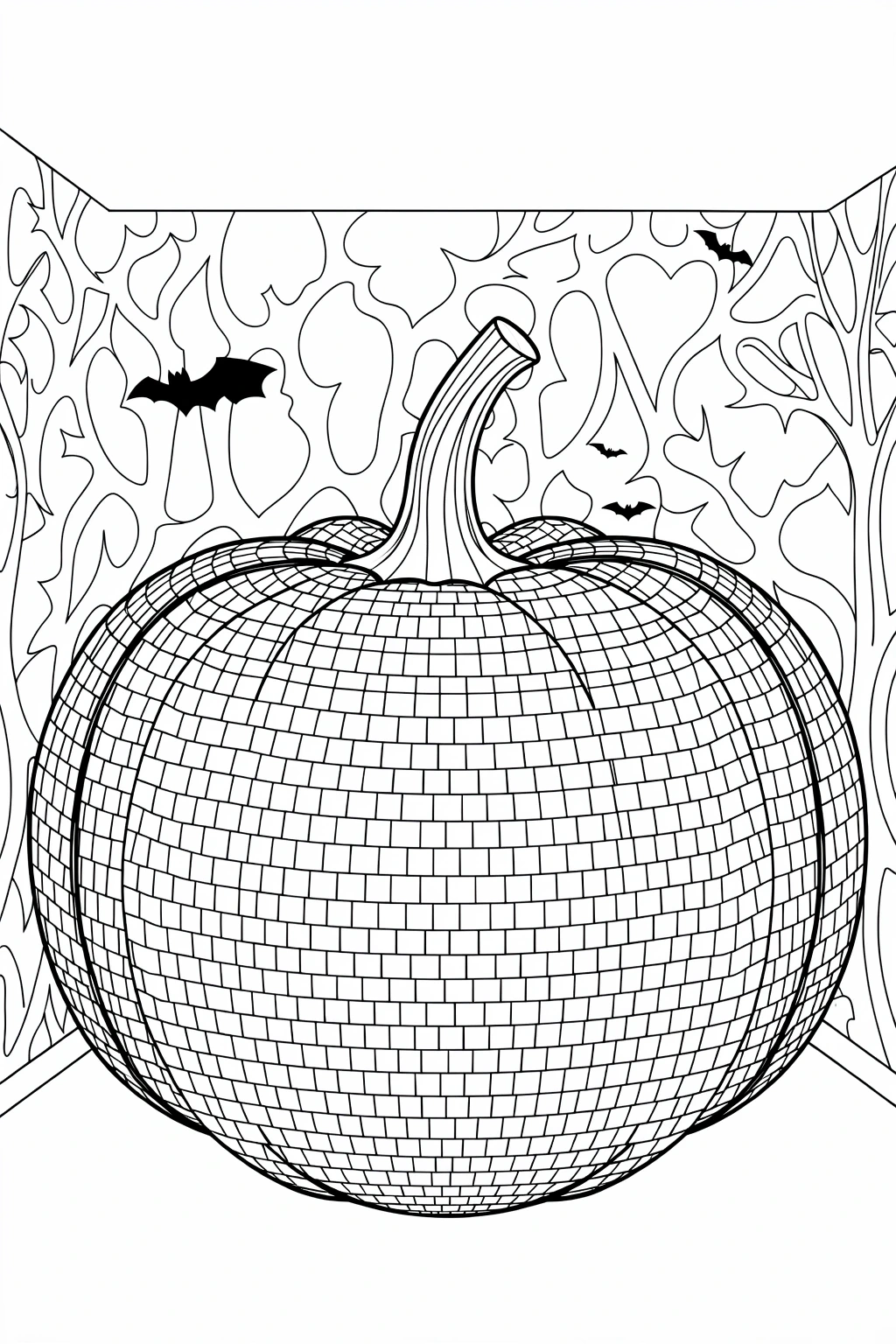 Black and white coloring page of large pumpkin with a disco ball pattern, surrounded by bats and spooky tree branches for Halloween coloring