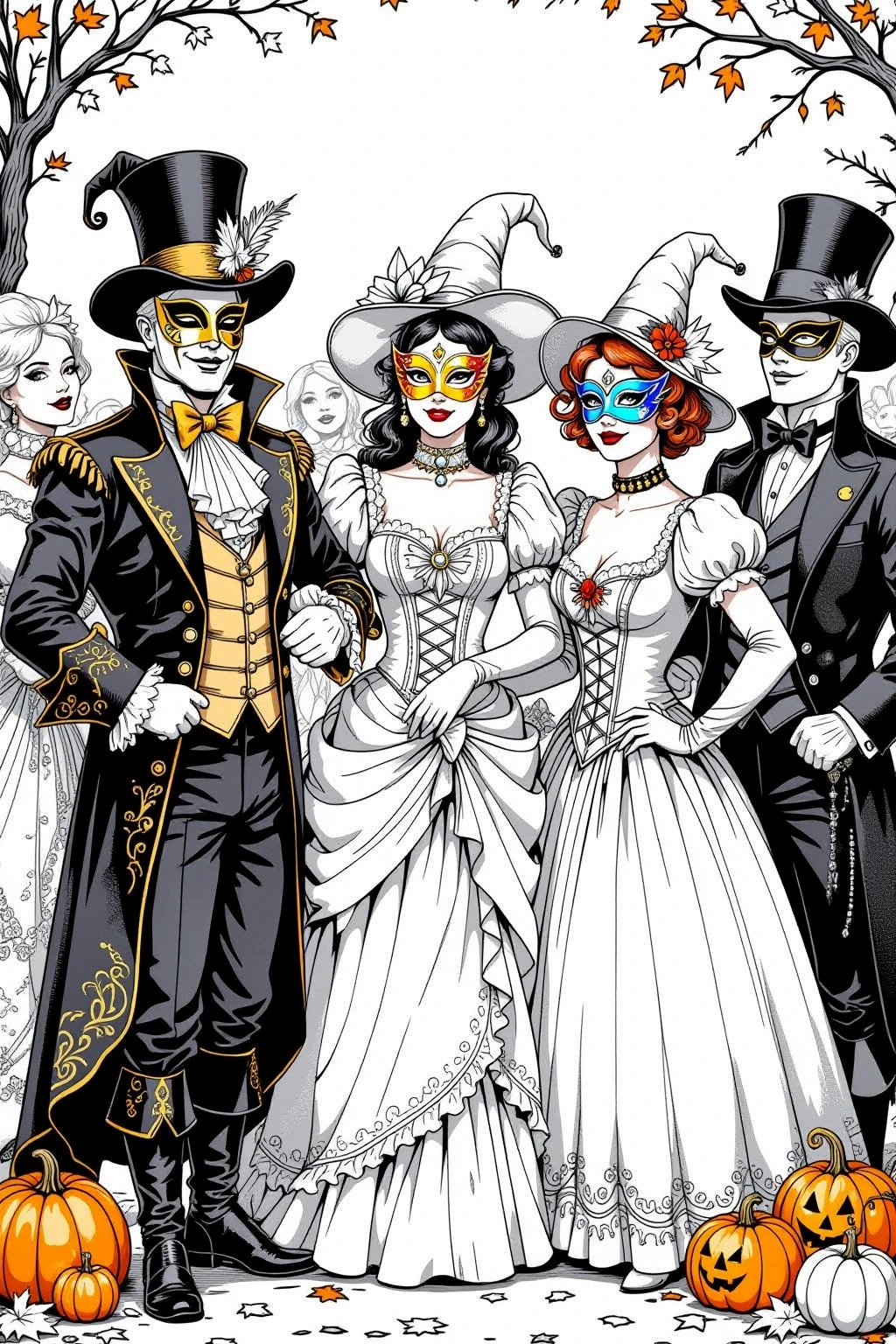 A detailed coloring page of four people in elegant Halloween masquerade costumes standing among pumpkins and autumn leaves.
