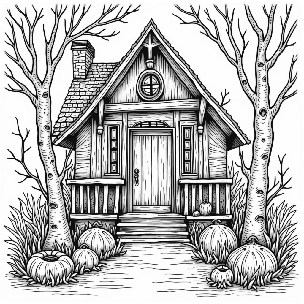 Black-and-white line art of a wooden cottage with pumpkins and bare trees fall/Halloween theme. Ideal for detailed coloring page; great as kids' coloring page or adult pages in a printable coloring