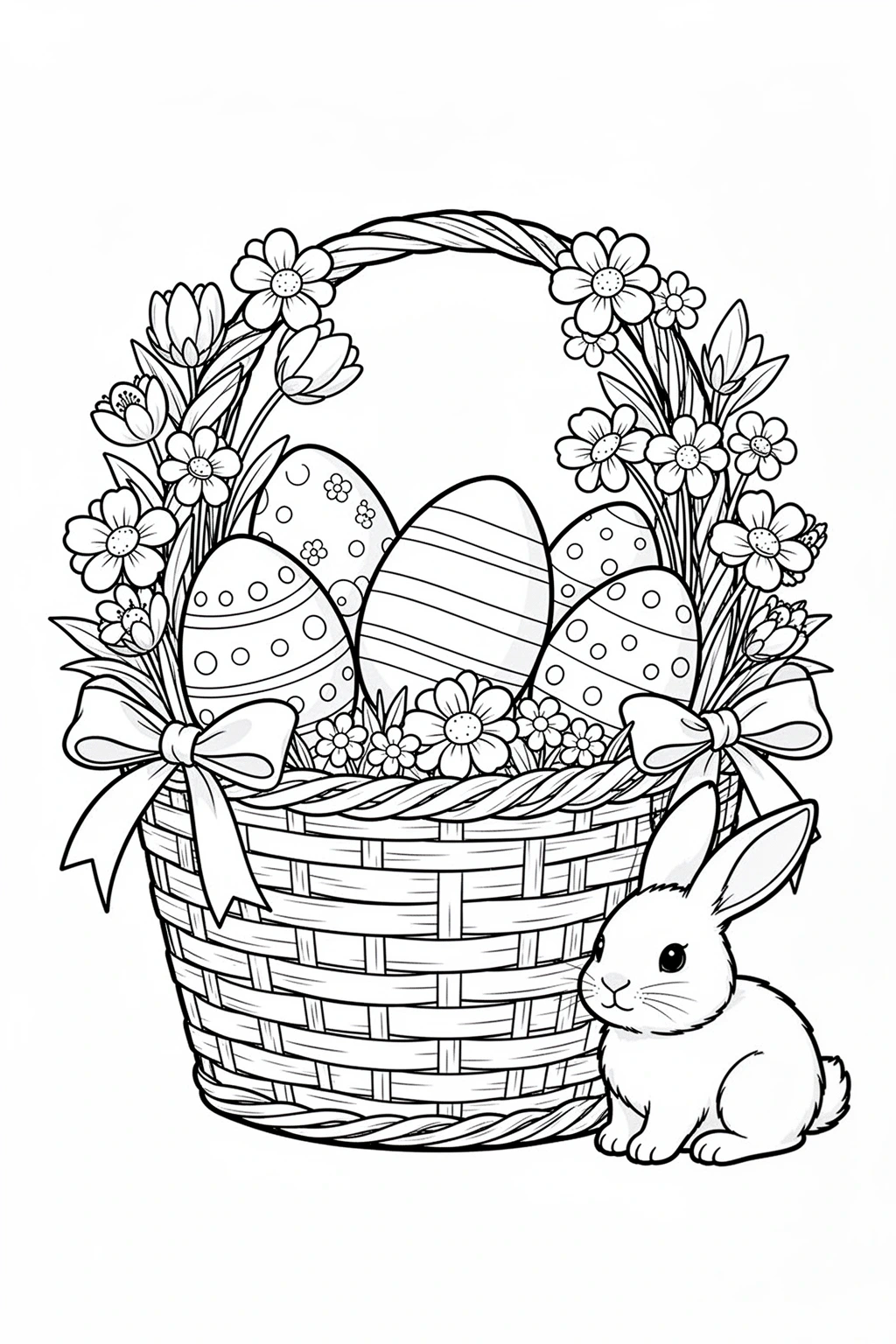 Free printable Easter basket ideas coloring page with decorated eggs, spring flowers, and a sweet bunny.