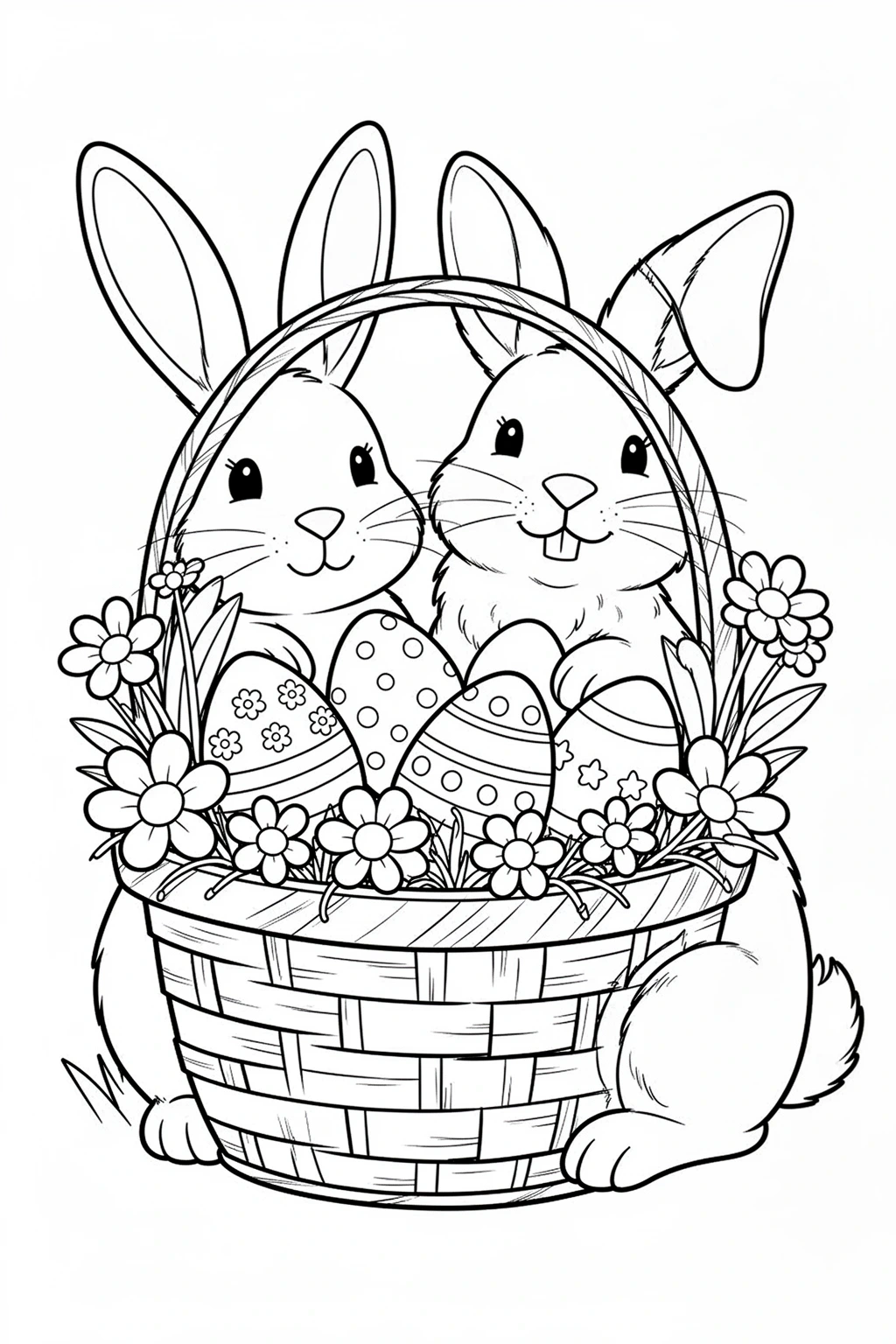 Free printable Easter crafts bunny basket coloring page with decorated eggs and spring flowers in a cheerful garden scene.