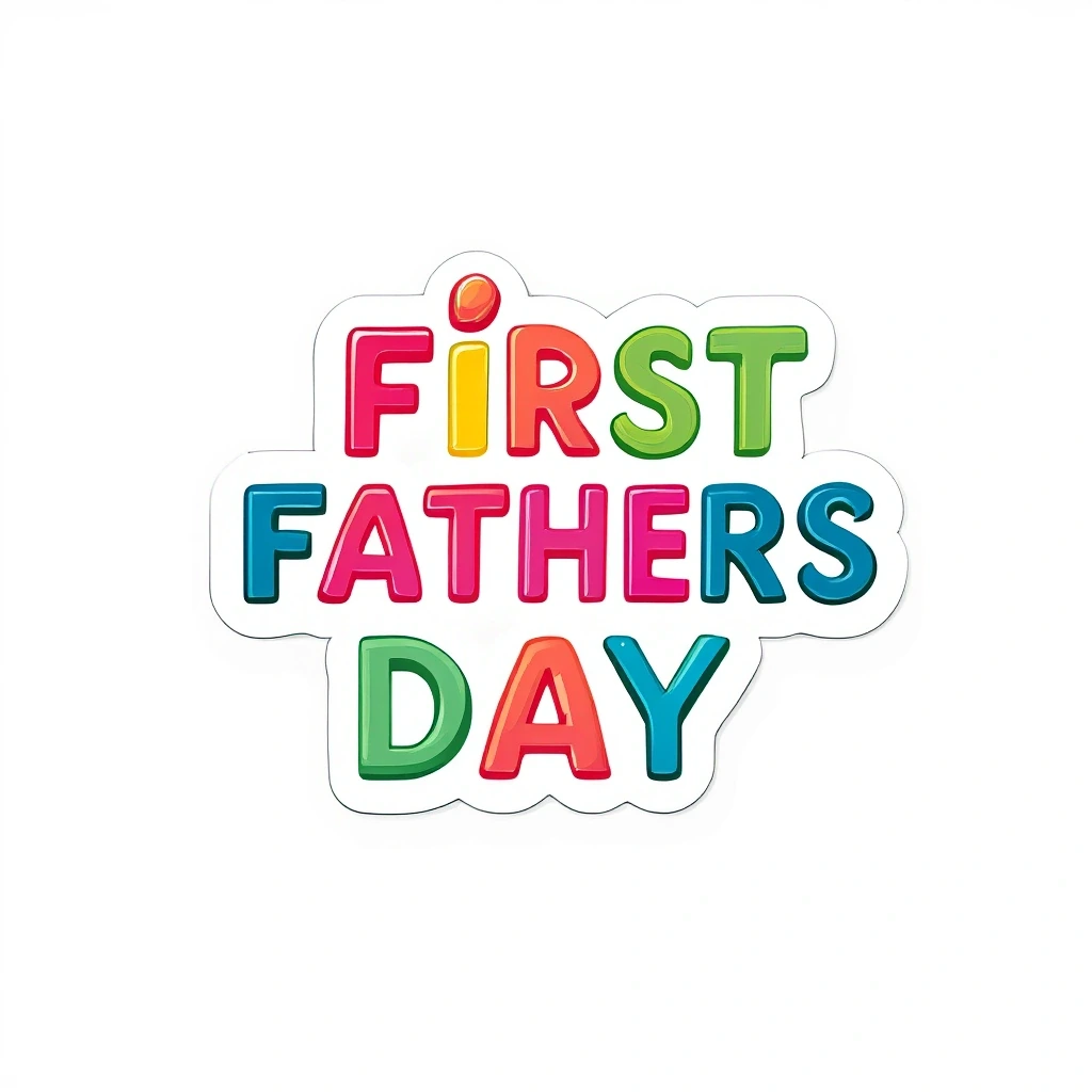 Coloring page with the words First Father's Day in large colorful bubble letters.