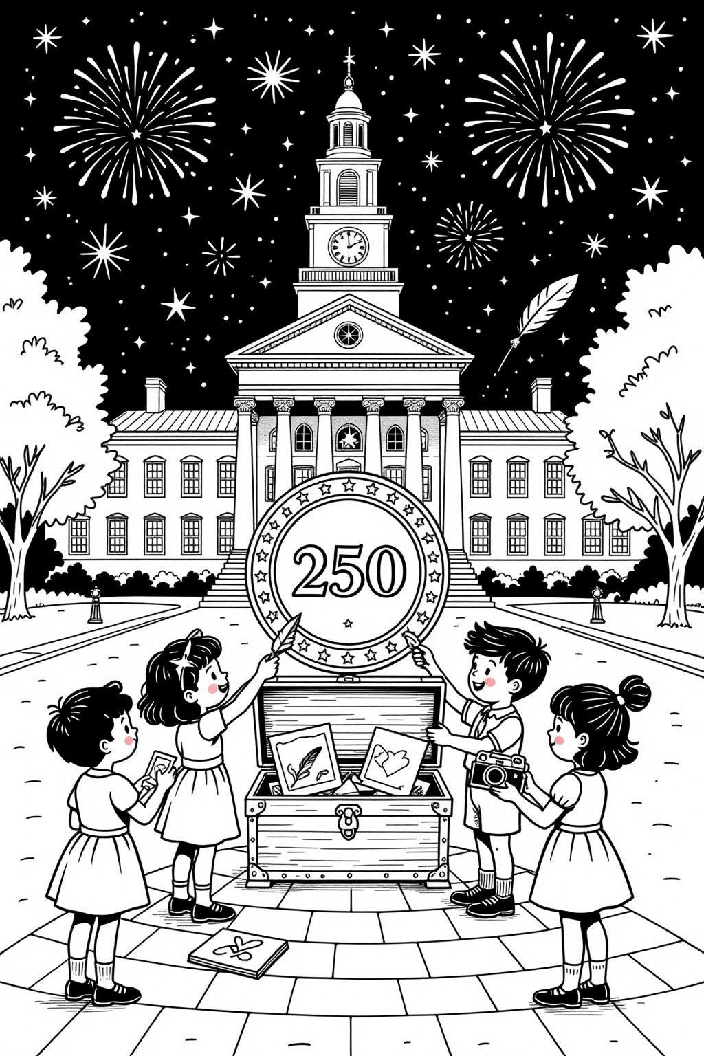 Black and white coloring page of children standing around a 250th anniversary display in front of a historic building with fireworks in the night sky.