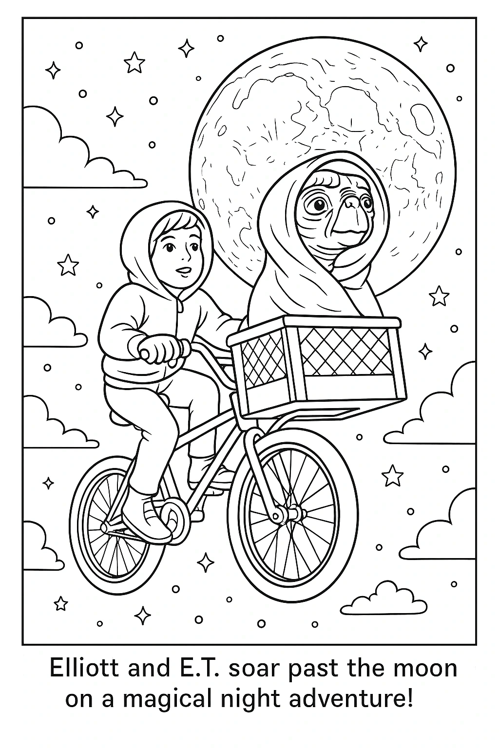 Line art printable of a child riding a bike with a friendly alien in the front basket flying past a large moon; ideal as a printable coloring page and coloring sheet includes detailed coloring page