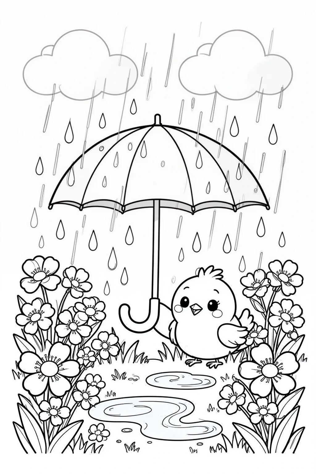 April Showers coloring page | Cute Spring Umbrella Scene.