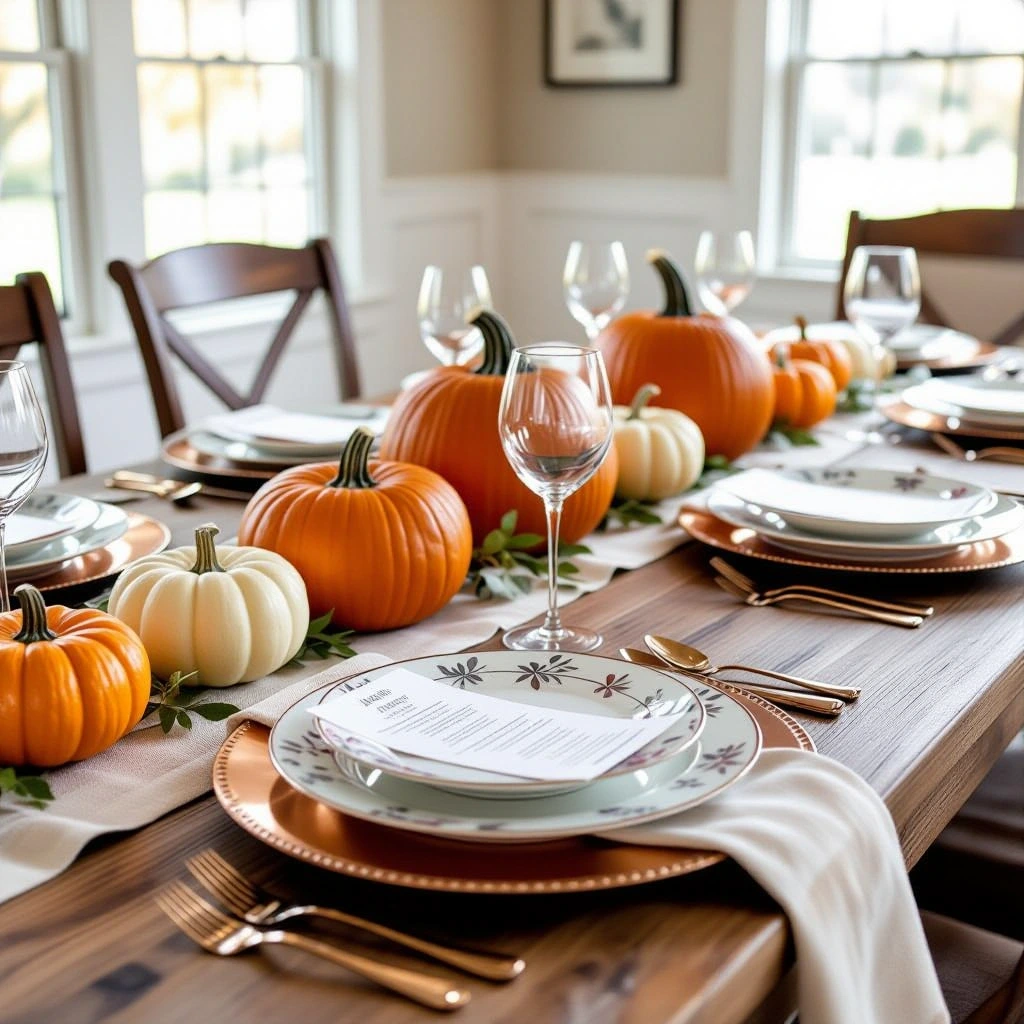 A cozy fall dining table styled with orange and white pumpkins and place settings ideal reference for detailed coloring page, kids' coloring page, printable coloring page and seasonal coloring sheets
