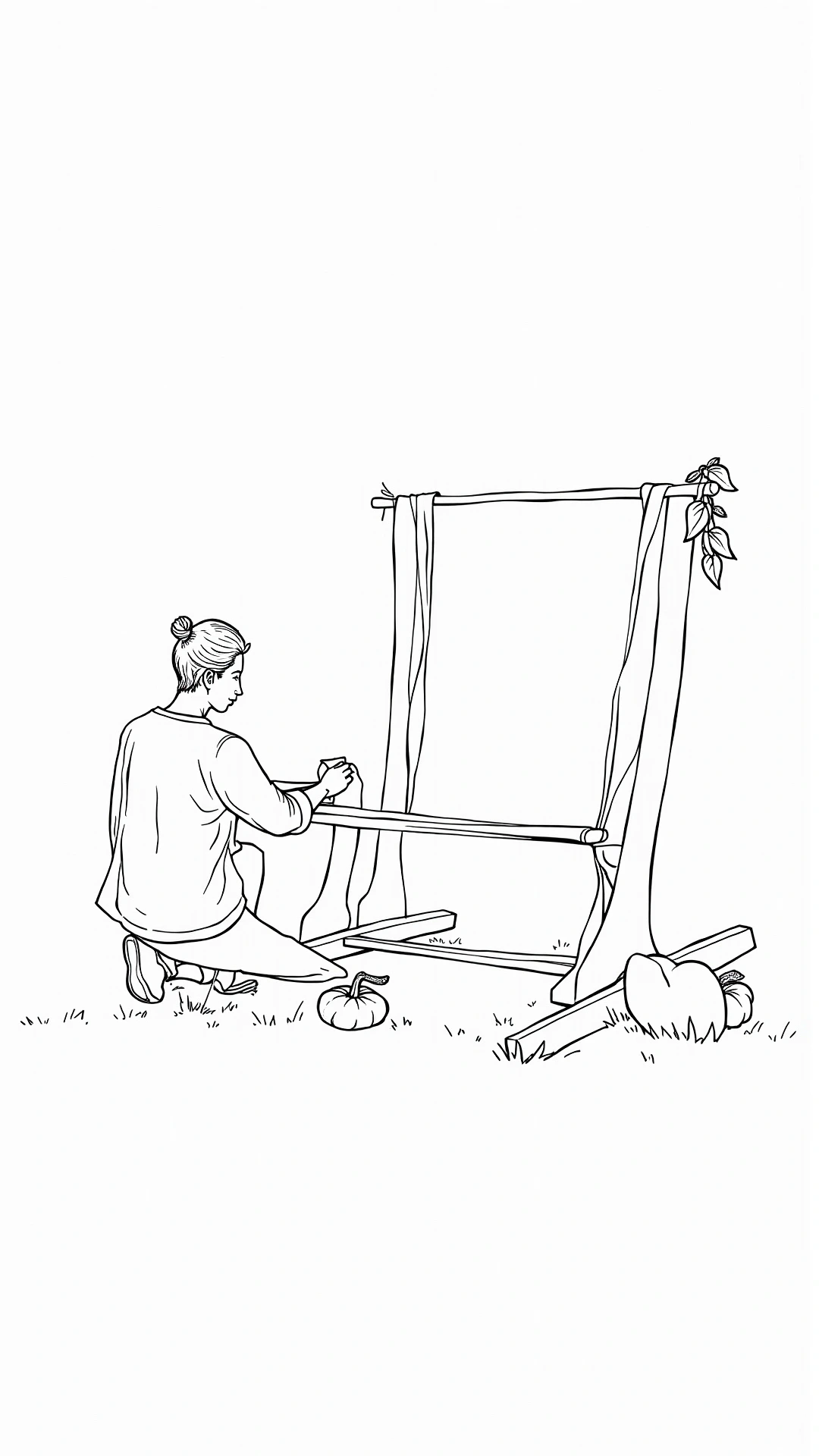 Line art fall scene: a person kneeling while tying fabric on a wooden swing frame with pumpkins nearby; printable coloring sheet for kids and adults featuring detailed coloring page, kids' coloring