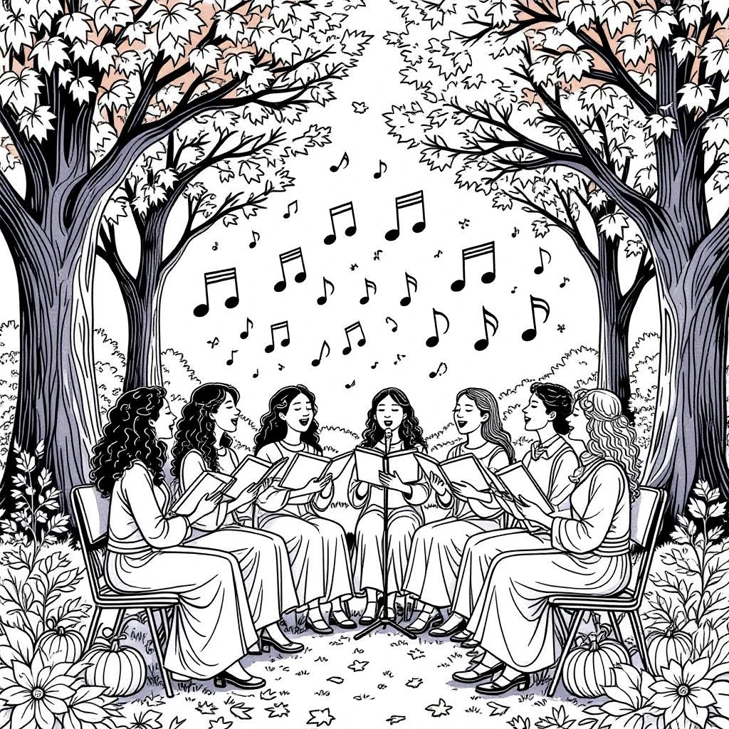 Black-and-white scene of a singing circle under trees with pumpkins and falling leaves detailed coloring page for people who love fall scenes. Great kids' coloring page, printable coloring page and