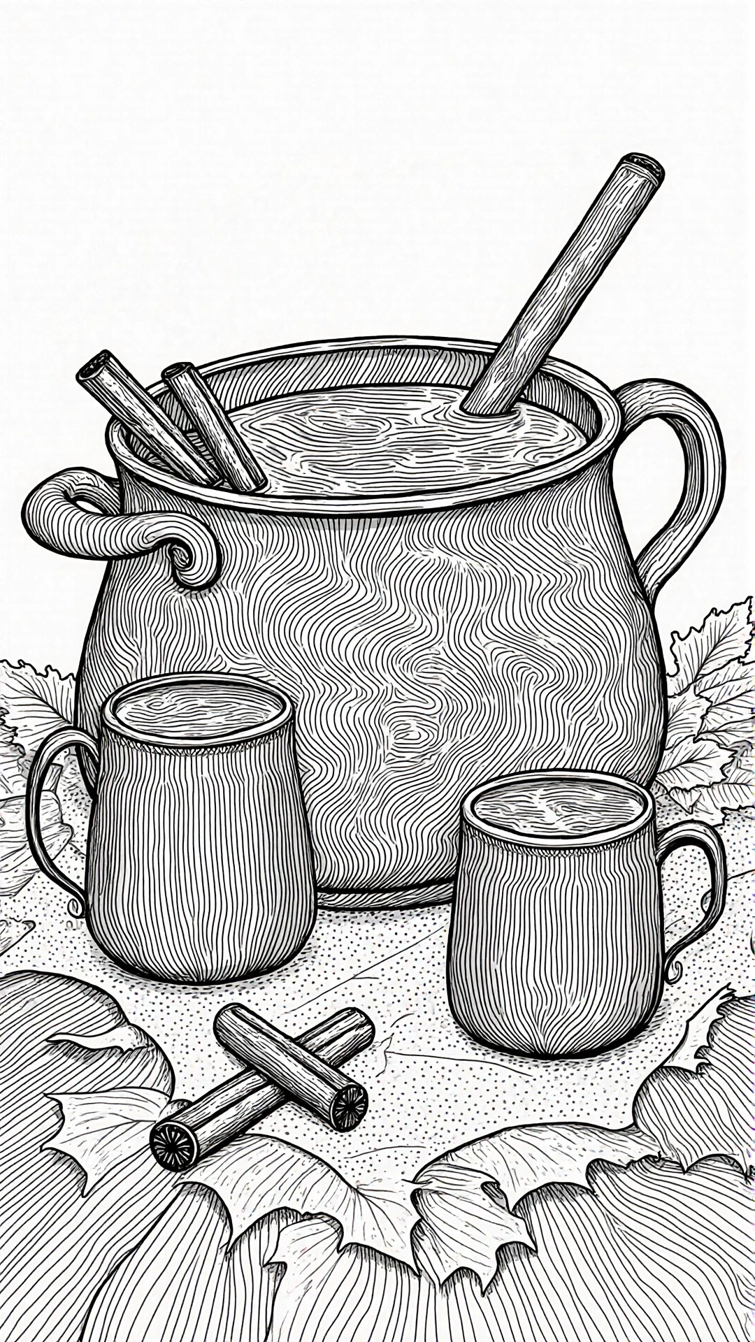 Black-and-white autumn scene of a large pot of mulled cider with two mugs, cinnamon sticks and leaves detailed coloring page, kids' coloring page, printable coloring page, coloring sheets for fall and