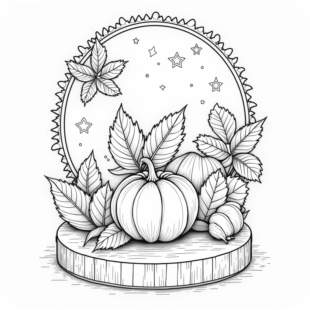 Black-and-white detailed fall pumpkin and leaves illustration for printable coloring page; a seasonal coloring sheet ideal for kids' coloring page and detailed coloring page in a printable coloring