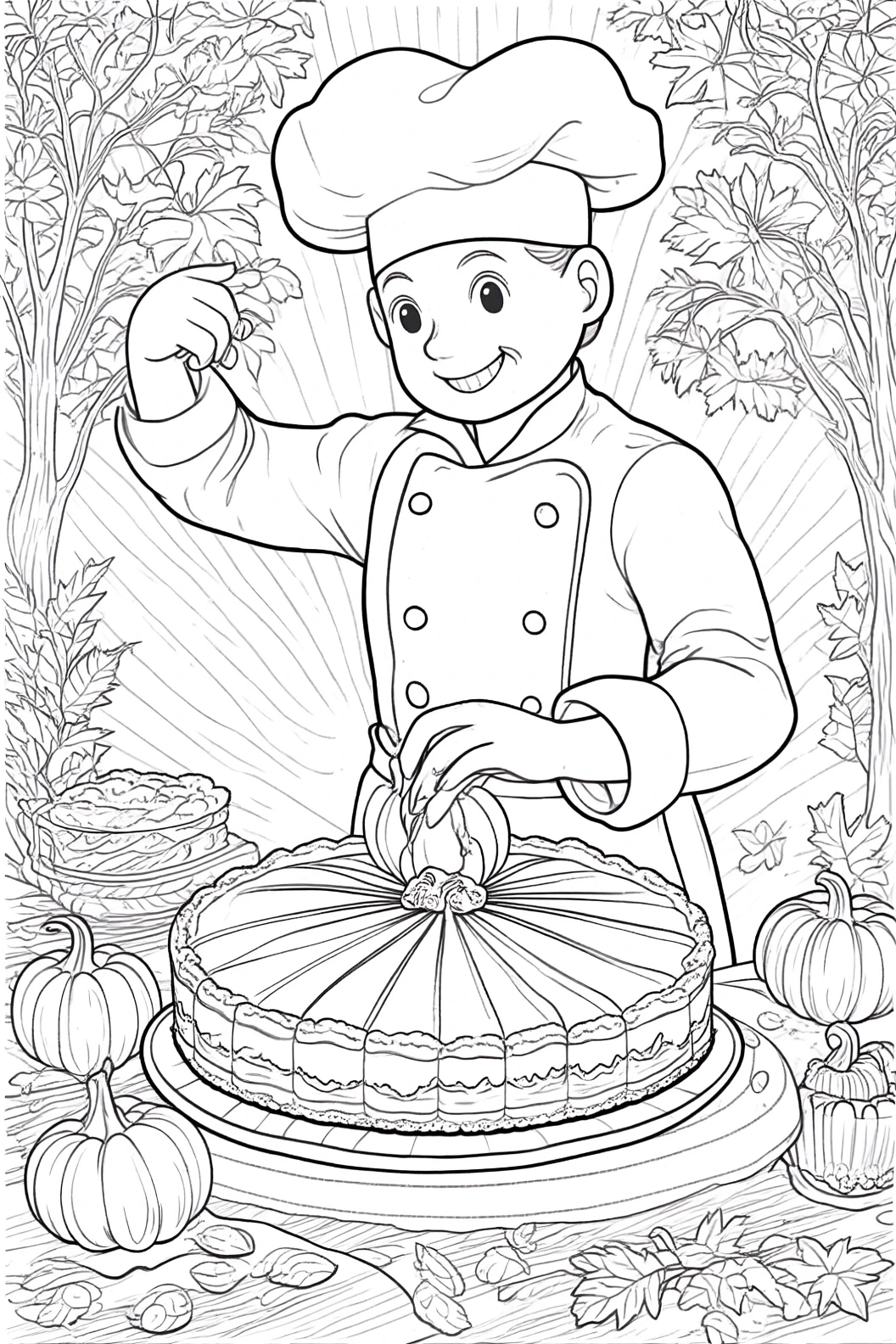 Black-and-white coloring page of a smiling chef decorating a pumpkin pie surrounded by pumpkins and leaves detailed coloring page, kids' coloring page, printable coloring page, coloring sheets, fall
