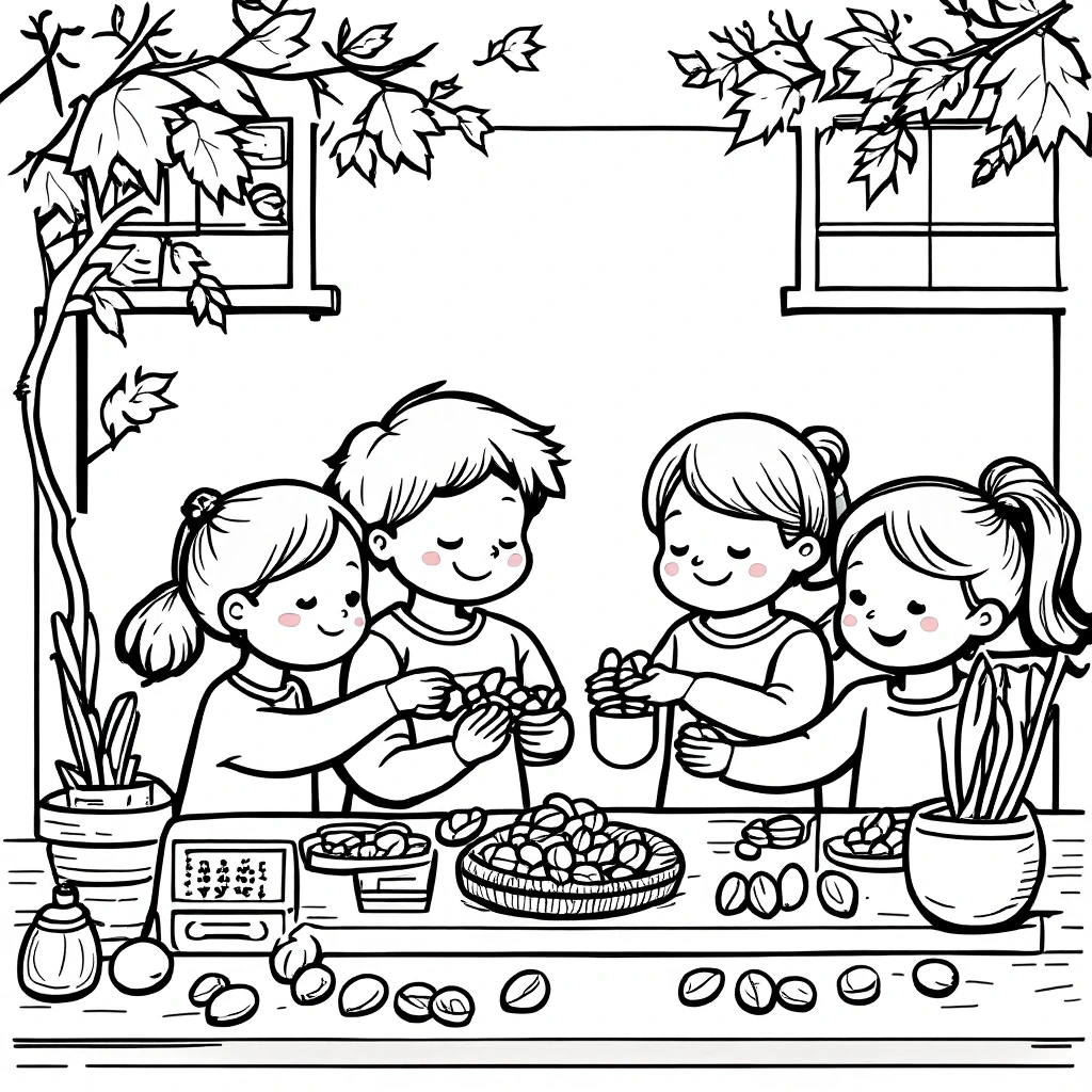 Black and white people scene of four children sitting at a table making crafts; detailed coloring page, kids' coloring page, printable coloring page, coloring sheets.