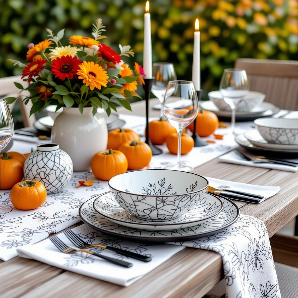 Autumn table setting with pumpkins, floral centerpiece, candles, and patterned dishware coloring sheets and printable coloring page style with detailed coloring page and kids' coloring page for fall.