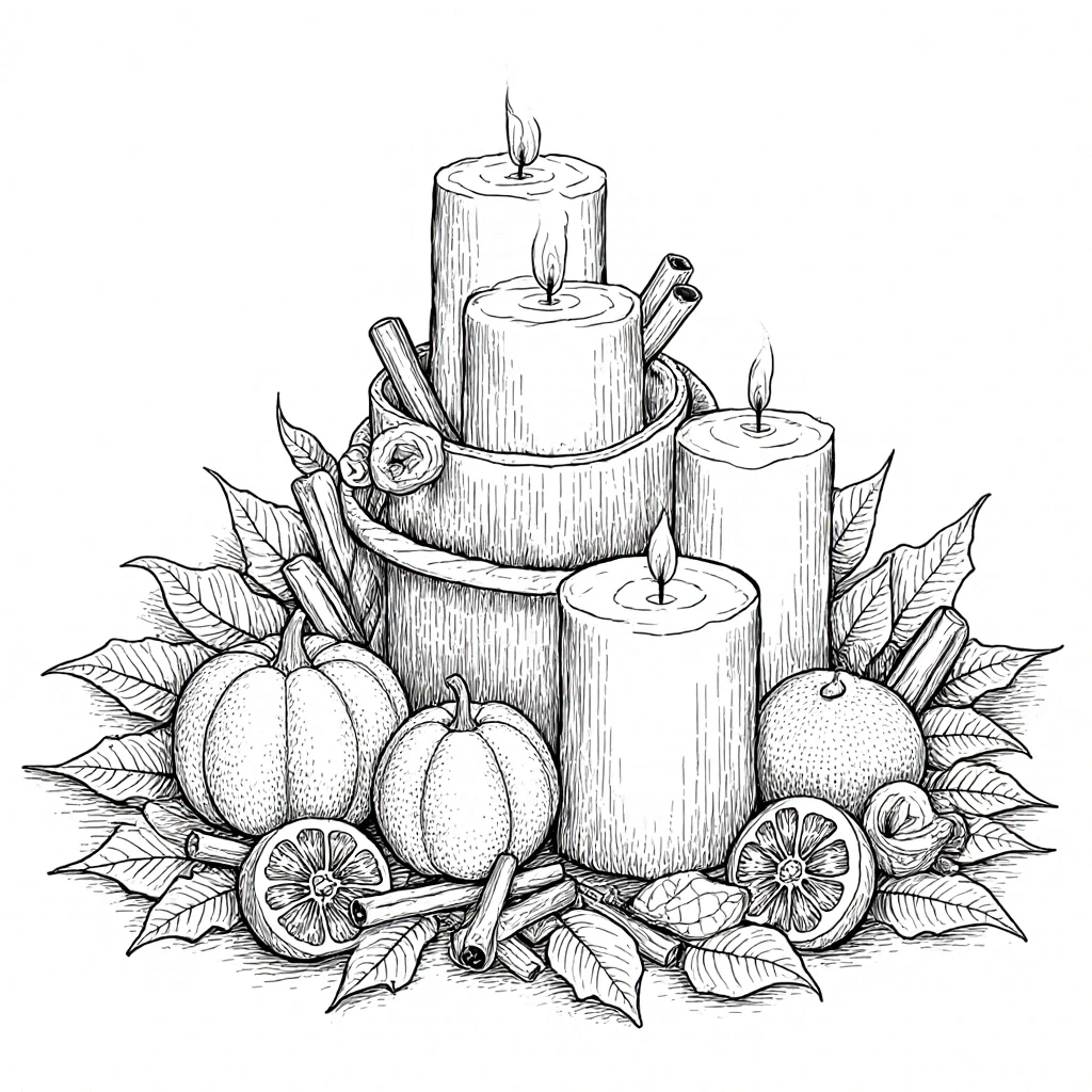 Black-and-white detailed fall arrangement with candles, pumpkins, citrus slices and cinnamon detailed coloring page, kids' coloring page, printable coloring page and coloring sheets for fall