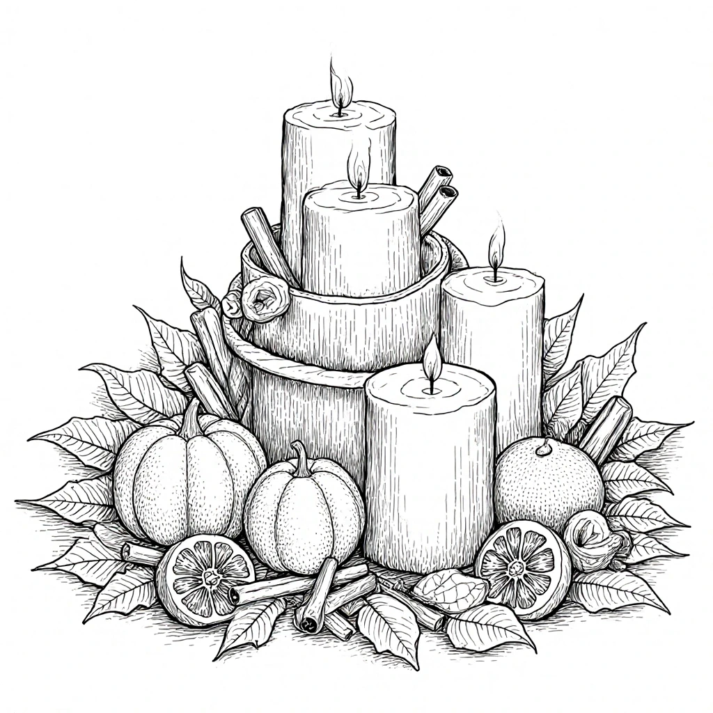 Black and white autumn centerpiece coloring page with candles, pumpkins, orange slices, cinnamon sticks and leaves detailed coloring page, kids' coloring page, printable coloring page, coloring sheets