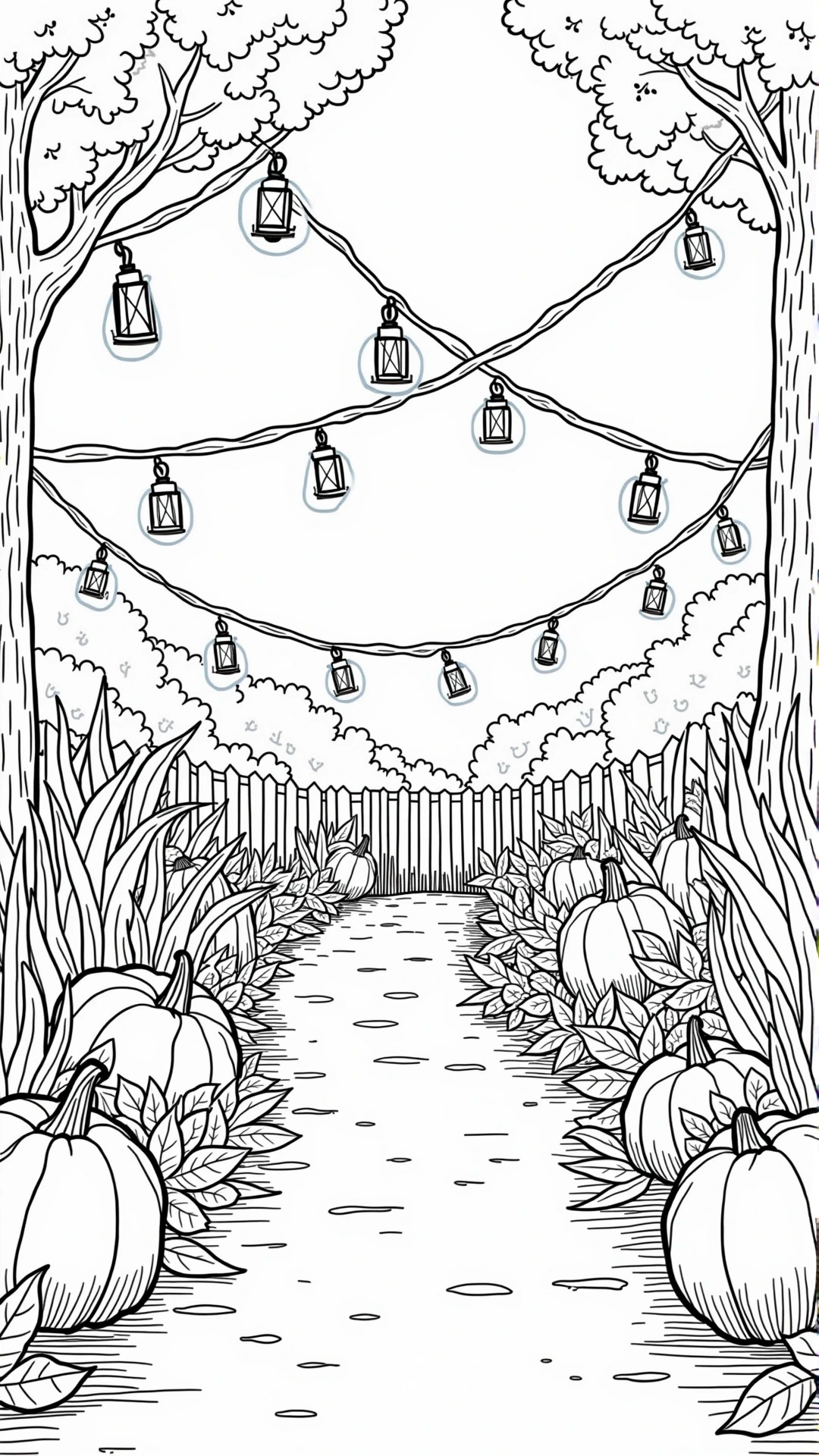 Black-and-white fall scene: pumpkin path with string lights printable coloring page for kids' coloring page, detailed coloring page, and coloring sheets. Season keywords: fall, Halloween, Christmas