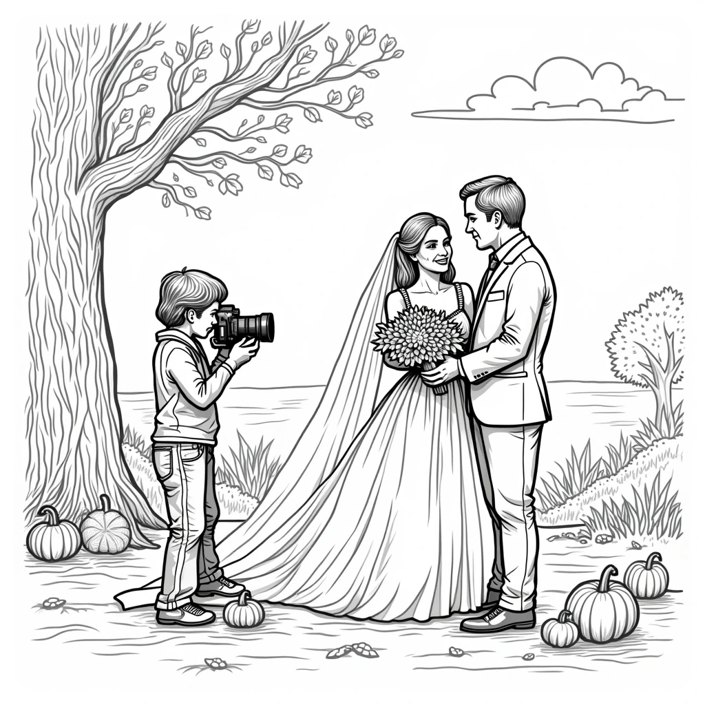 Black-and-white wedding coloring page showing a bride and groom holding hands outdoors with a young photographer and pumpkins detailed coloring page, kids' coloring page, printable coloring page and