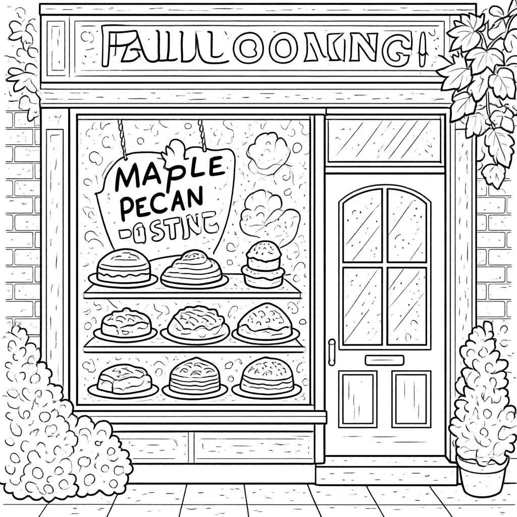 Black-and-white bakery storefront coloring page featuring maple pecan pastries and fall leaves detailed coloring page, kids' coloring page, printable coloring page, coloring sheets for autumn and cozy